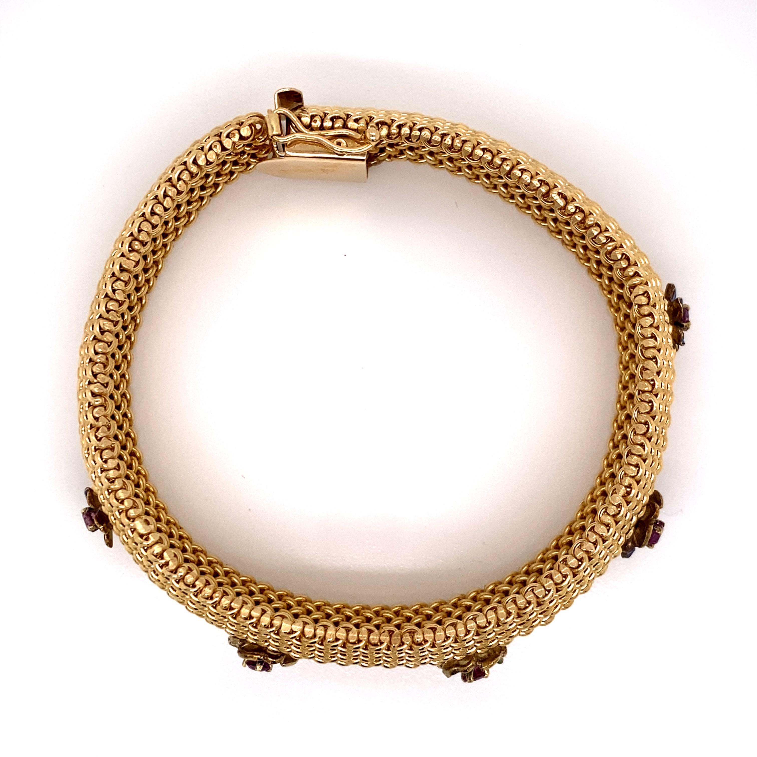 Modern Vintage 1960s 14 Karat Yellow Gold Mesh Bracelet with Enamel Flowers and Rubies For Sale