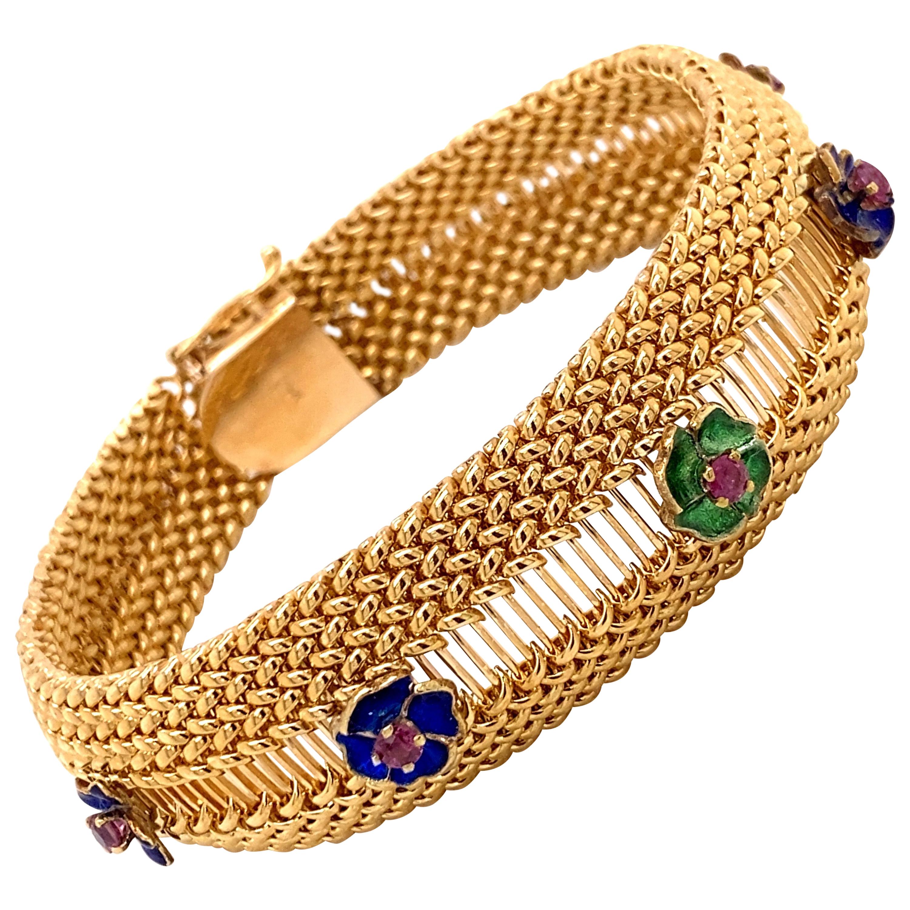Vintage 1960s 14 Karat Yellow Gold Mesh Bracelet with Enamel Flowers and Rubies For Sale
