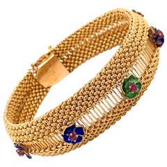 Vintage 1960s 14 Karat Yellow Gold Mesh Bracelet with Enamel Flowers and Rubies