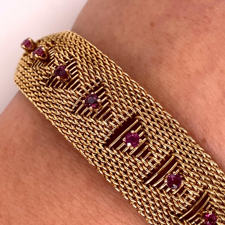 Bracelets Anciens En Or Jaune 14 Carats Sertis De Rubis - Bijoux Vintage - Occasion