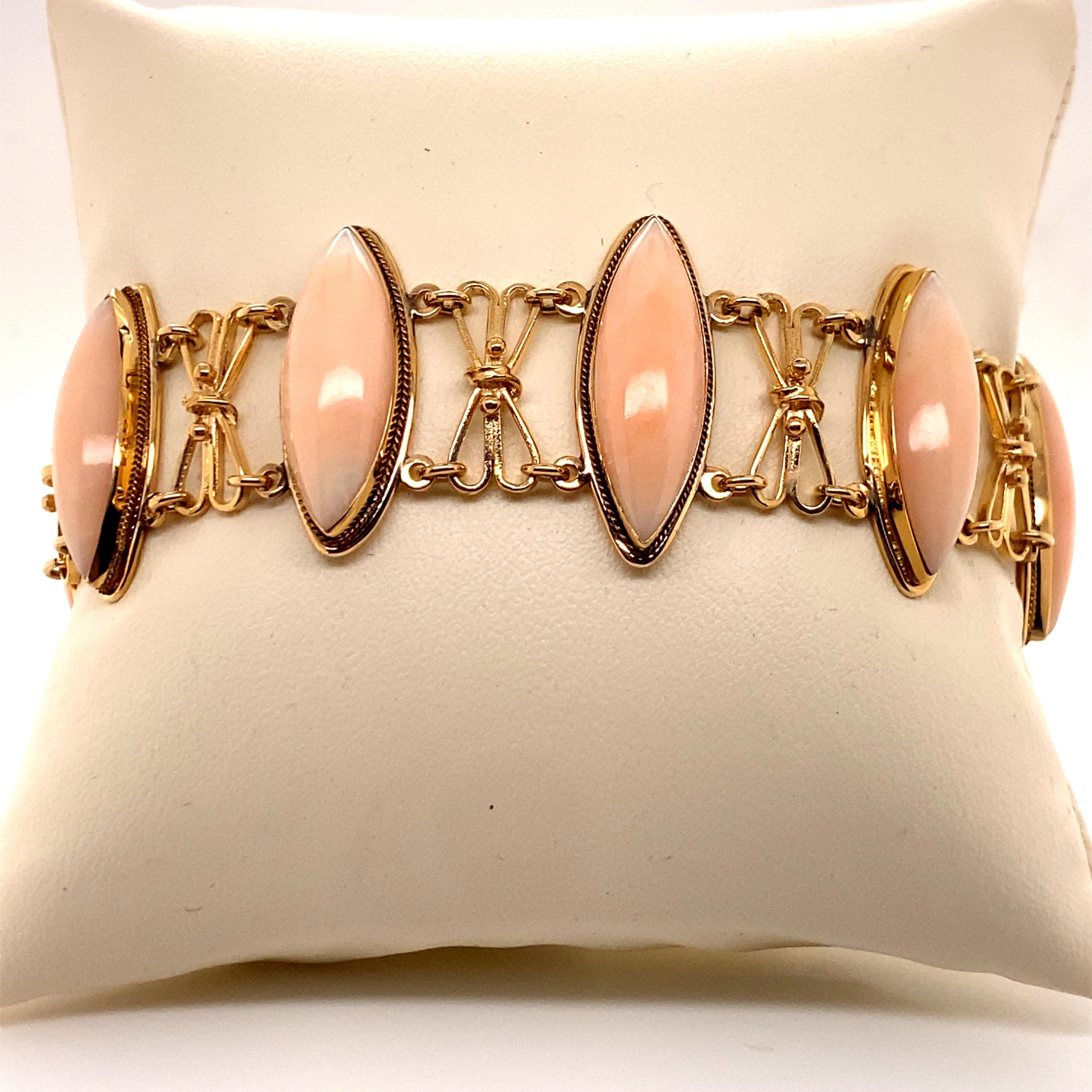 Marquise Cut Vintage 1960s 14 Karat Yellow Gold Pink Coral Link Bracelet For Sale