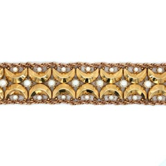 Pulsera ancha vintage de oro amarillo de 14 quilates de los años 60 con perlas