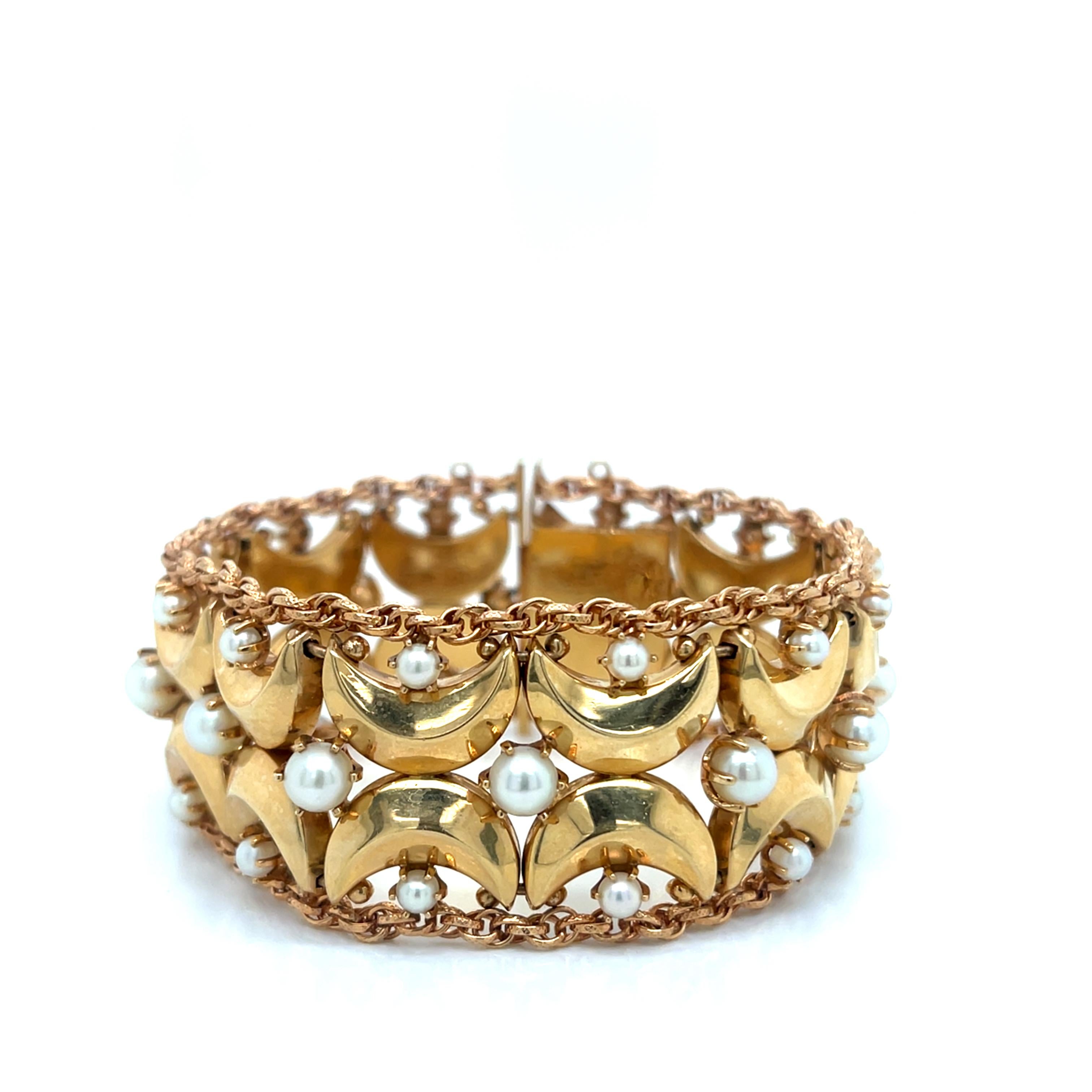 Bead Vintage 1960's 14k Yellow Gold Wide Bracelet with Pearls For Sale
