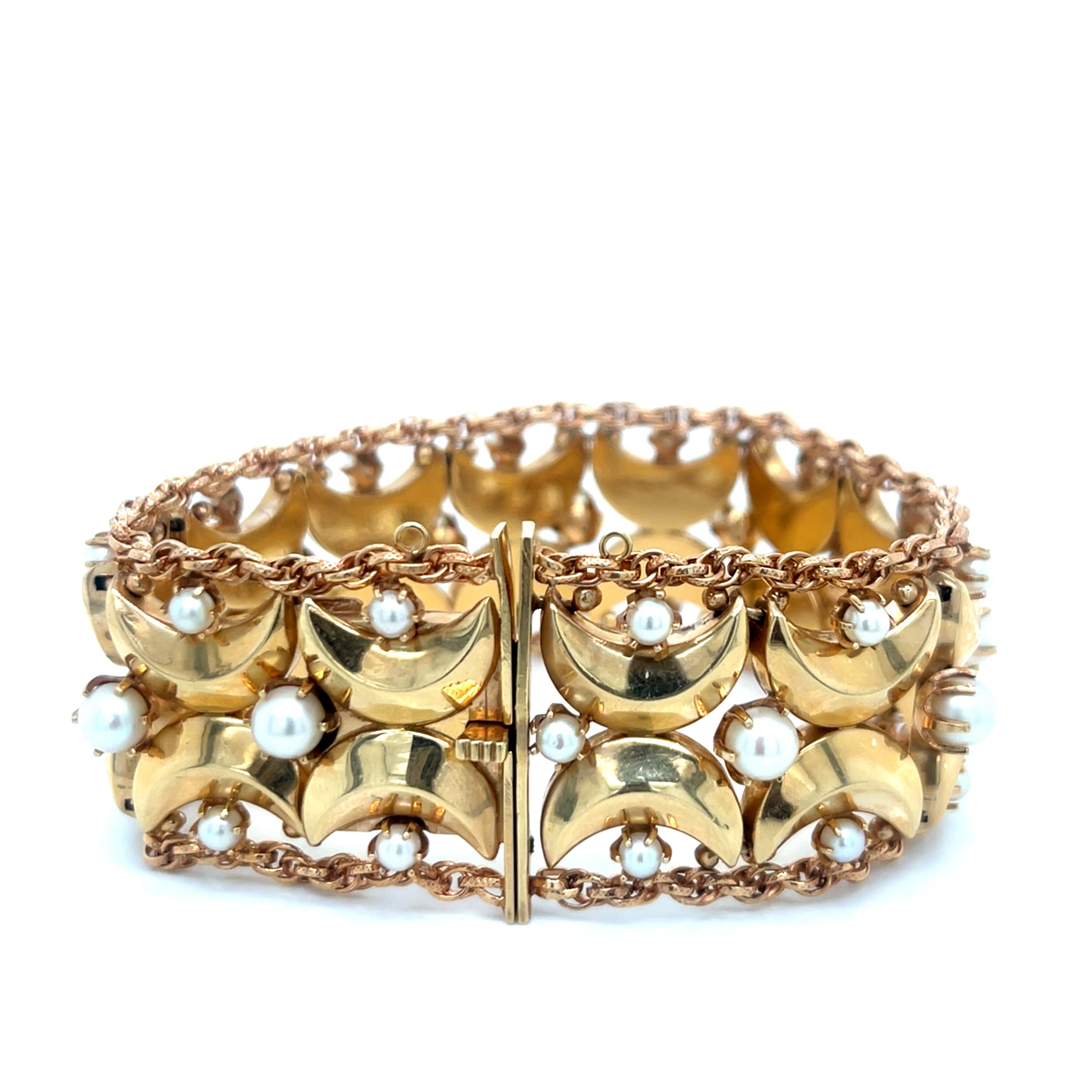 Vintage 1960's 14k Yellow Gold Wide Bracelet with Pearls In Excellent Condition For Sale In Boston, MA
