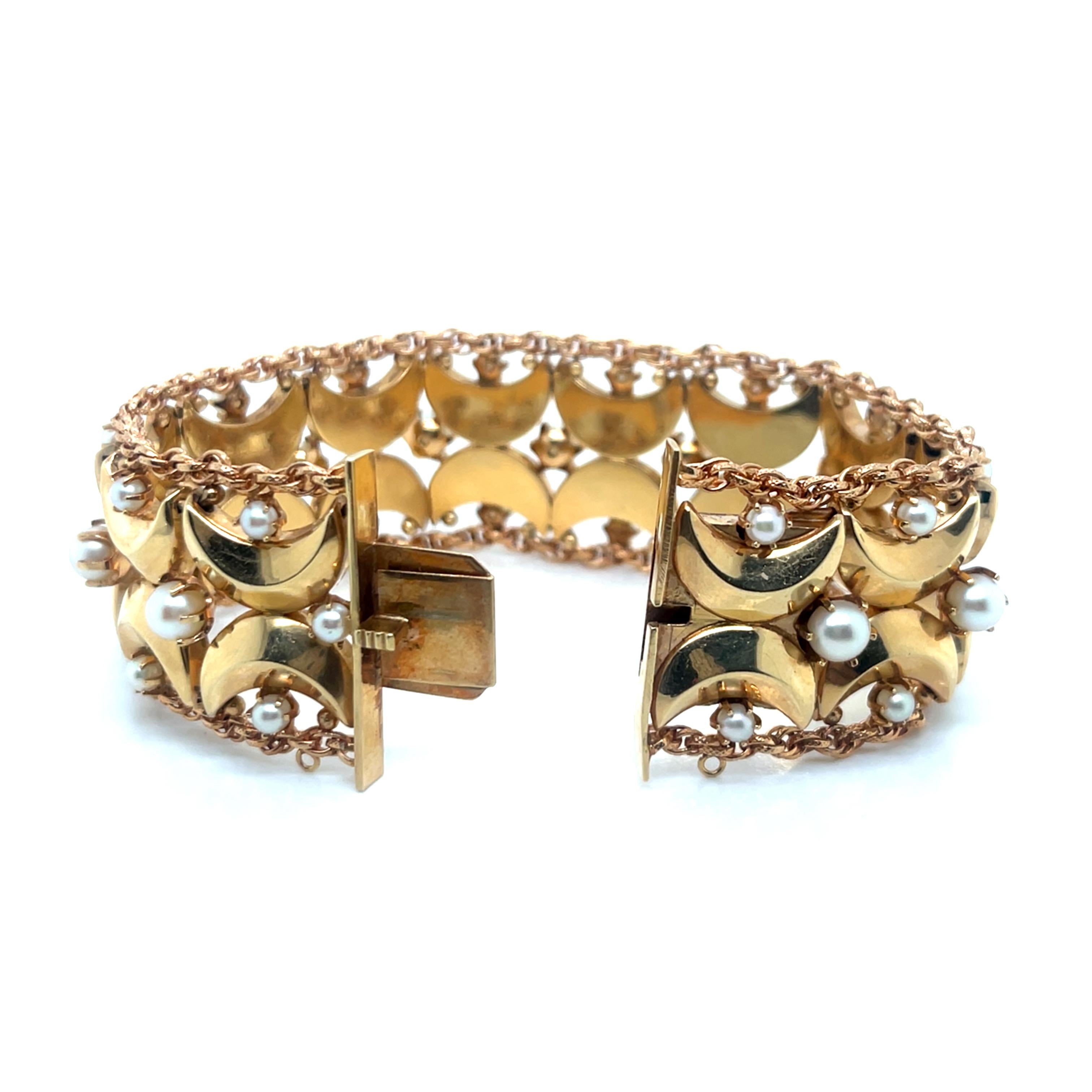 Women's Vintage 1960's 14k Yellow Gold Wide Bracelet with Pearls For Sale