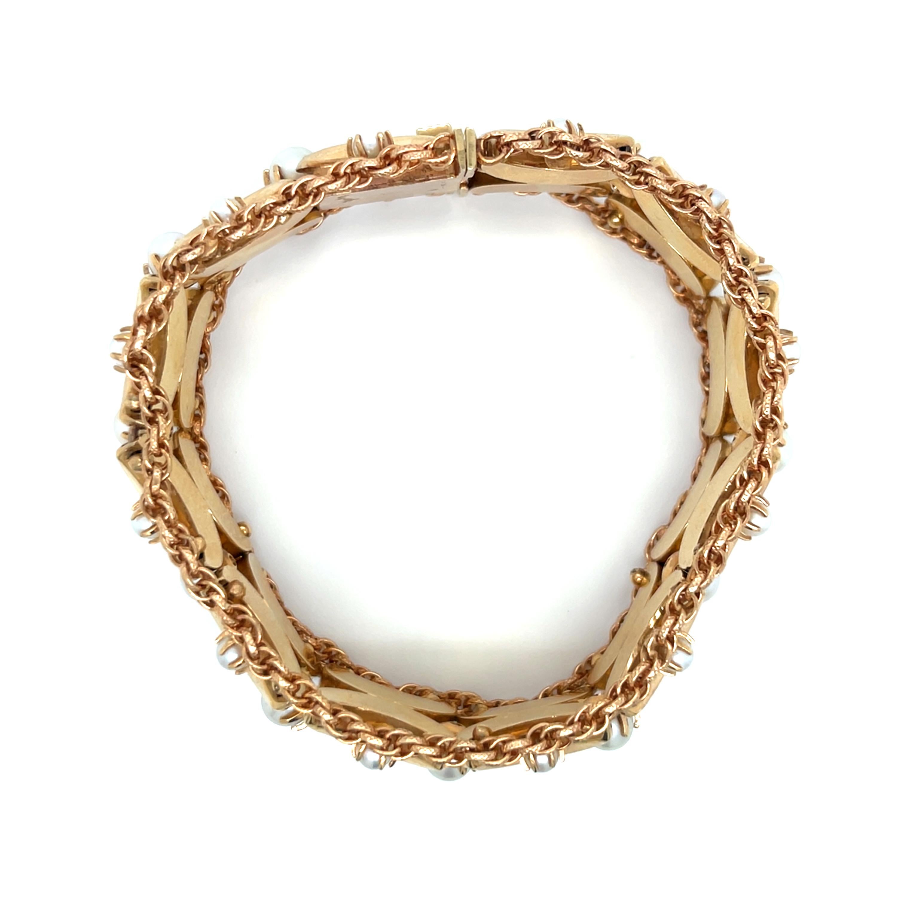Vintage 1960's 14k Yellow Gold Wide Bracelet with Pearls For Sale 2