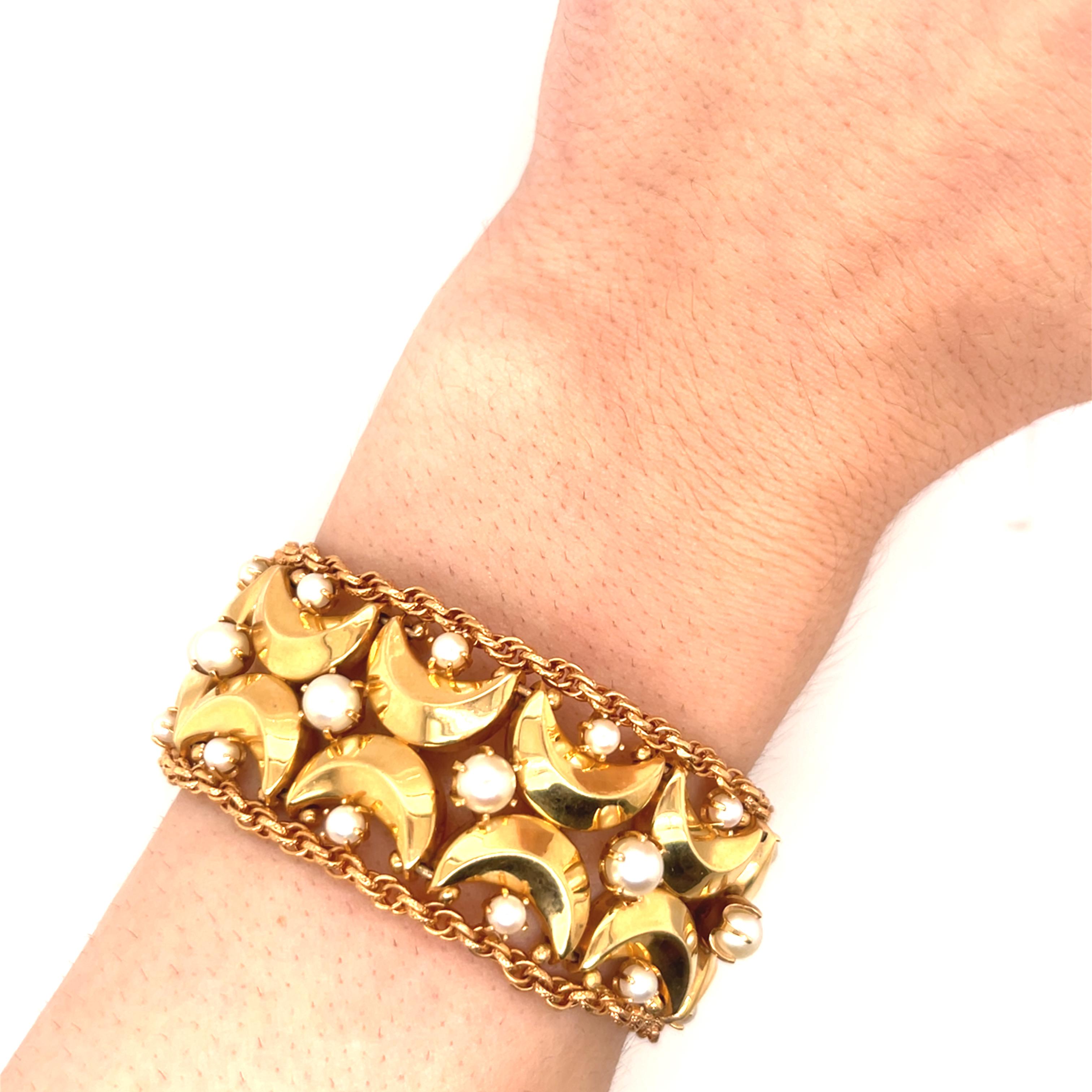 Vintage 1960's 14k Yellow Gold Wide Bracelet with Pearls For Sale 3