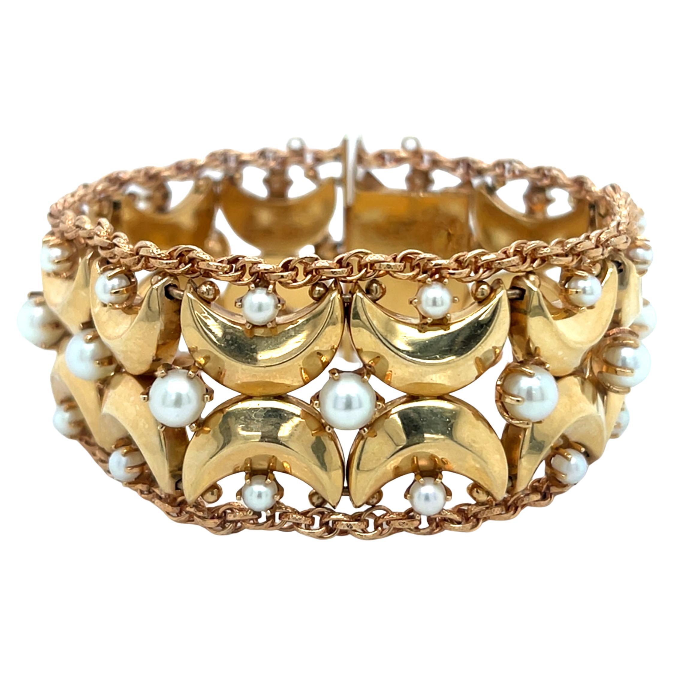 Vintage 1960's 14k Yellow Gold Wide Bracelet with Pearls For Sale