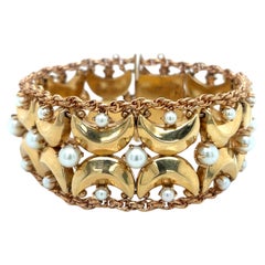 Vintage 1960's 14k Yellow Gold Wide Bracelet with Pearls
