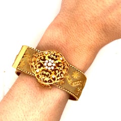 Vintage 1960’s 14k Yellow Gold Wide Mesh Bracelet with Diamond Flower Belt Clasp