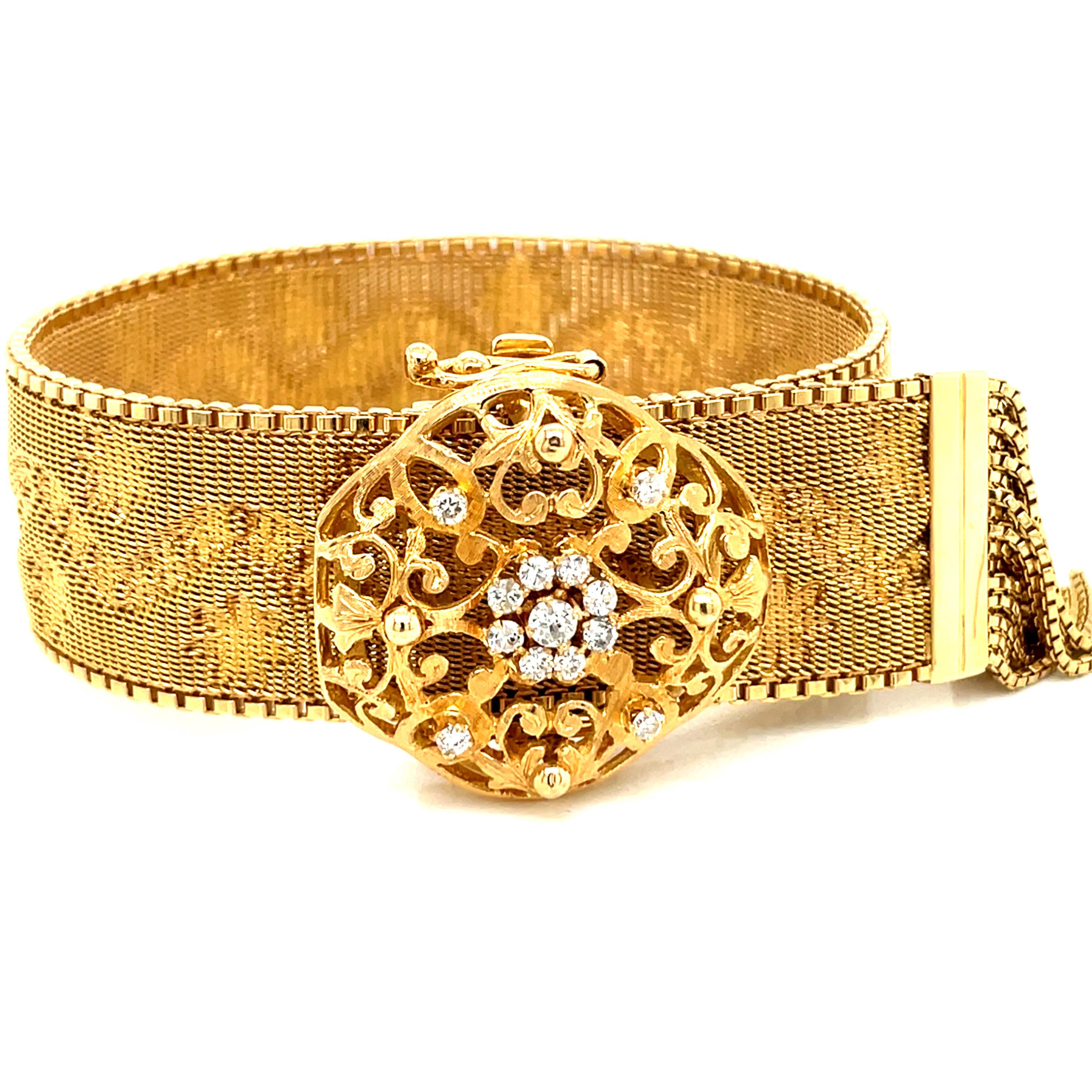 Vintage 1960’s 14k Yellow Gold Wide Mesh Bracelet with Diamond Flower Belt Clasp For Sale