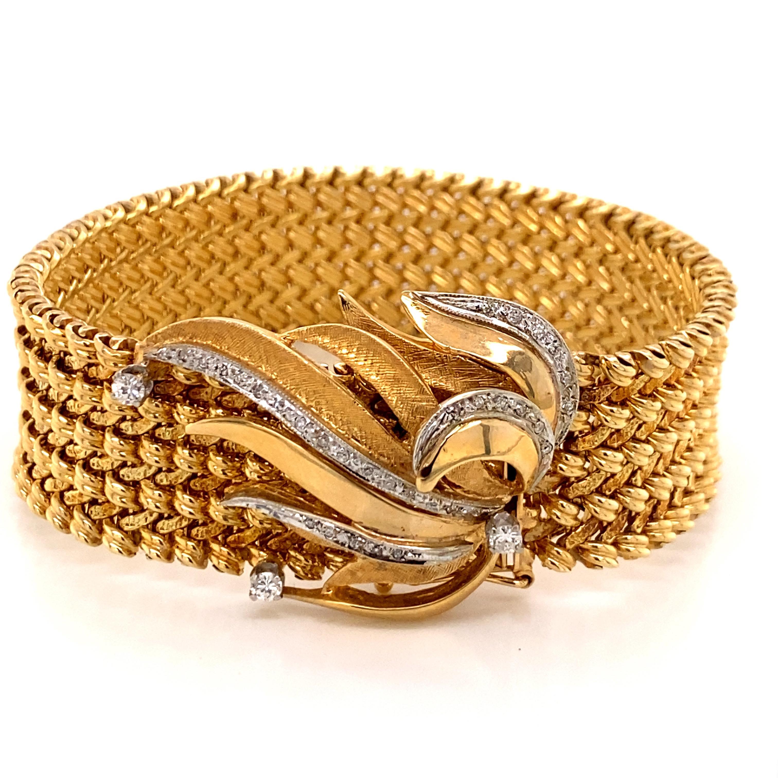 Vintage 1960's 14K Yellow Gold Wide Woven Link Bracelet with Diamond Leaf Clasp - The bracelet measures 7 inches long and 3/4 inches wide. The diamond leaf clasp contains 33 single cut diamonds and 3 full cut diamonds with a total weight of .50ct