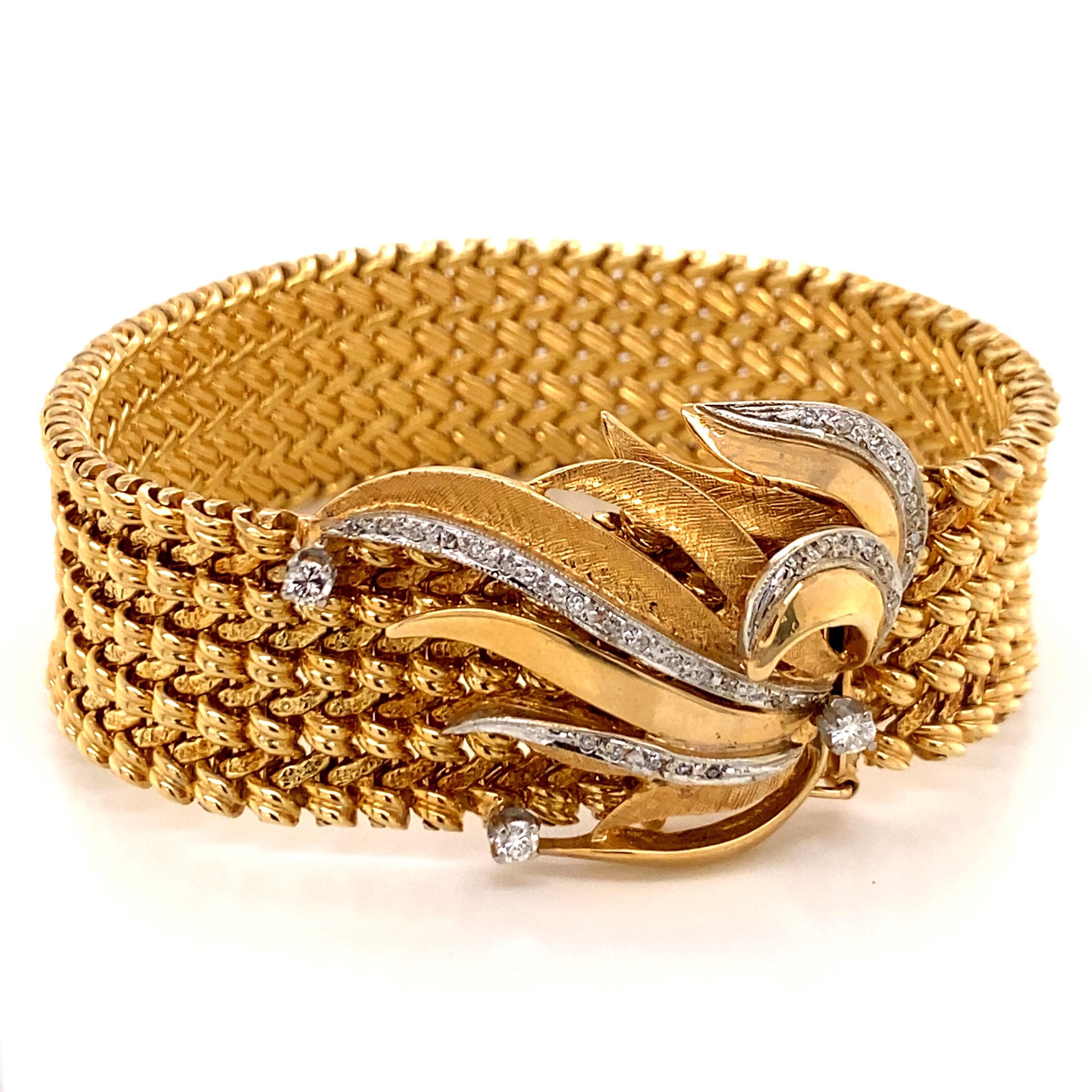 Retro Vintage 1960s 14 Karat Gold Wide Woven Link Bracelet with Diamond Leaf Clasp For Sale