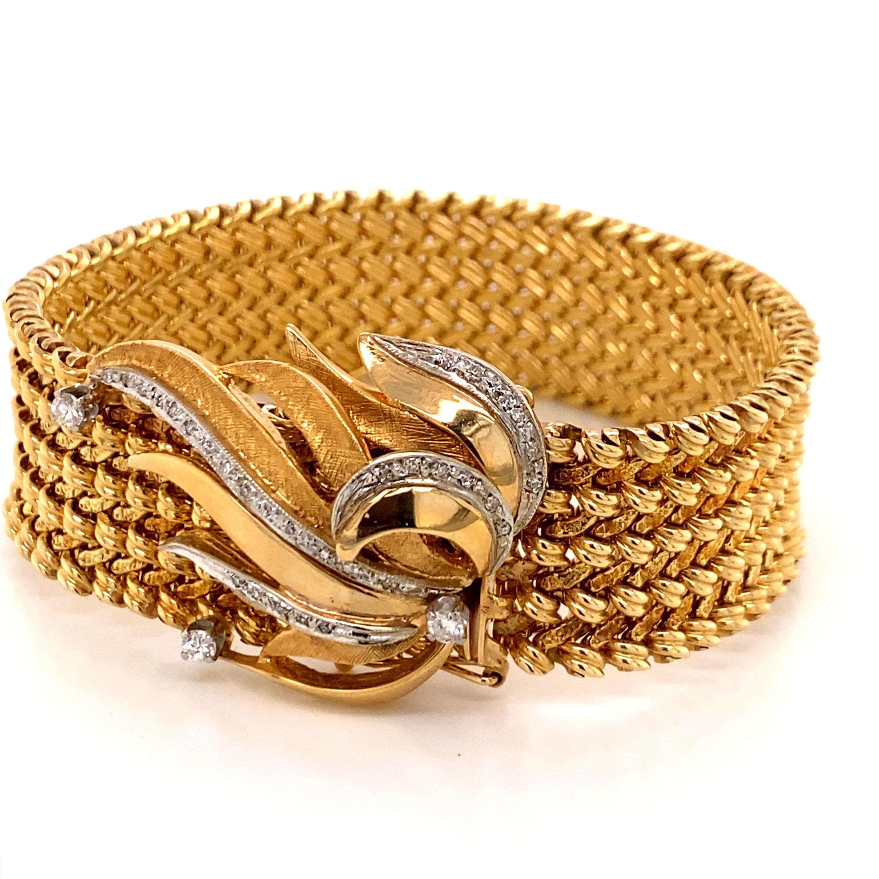 Single Cut Vintage 1960s 14 Karat Gold Wide Woven Link Bracelet with Diamond Leaf Clasp For Sale