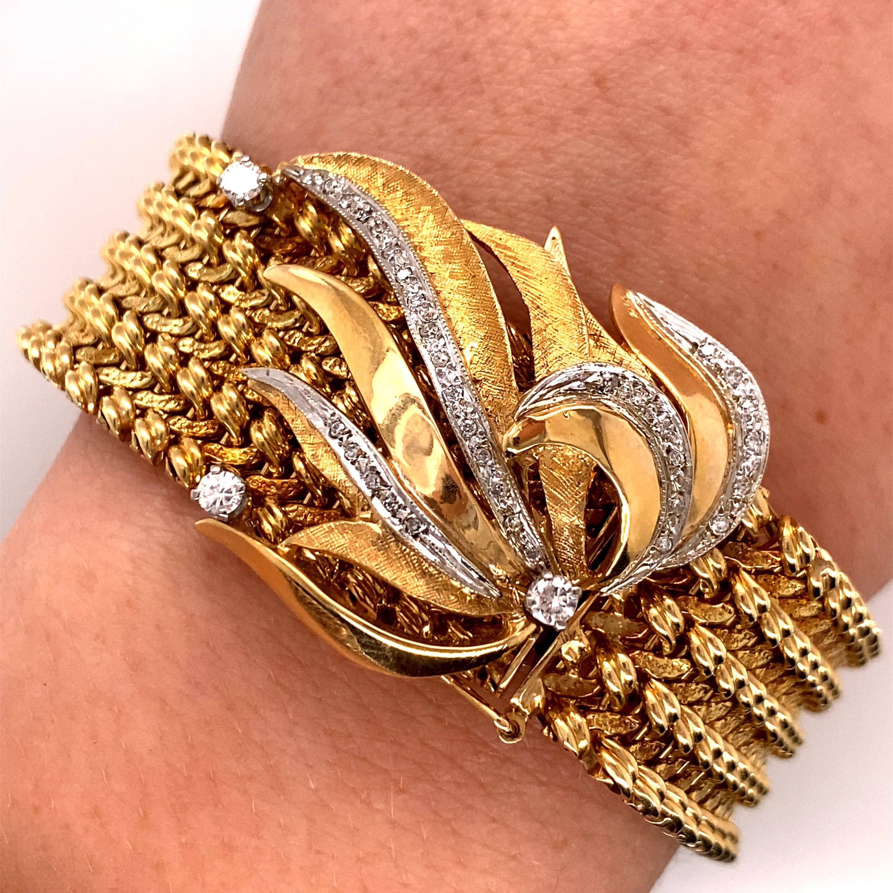 Vintage 1960s 14 Karat Gold Wide Woven Link Bracelet with Diamond Leaf Clasp In Excellent Condition For Sale In Boston, MA