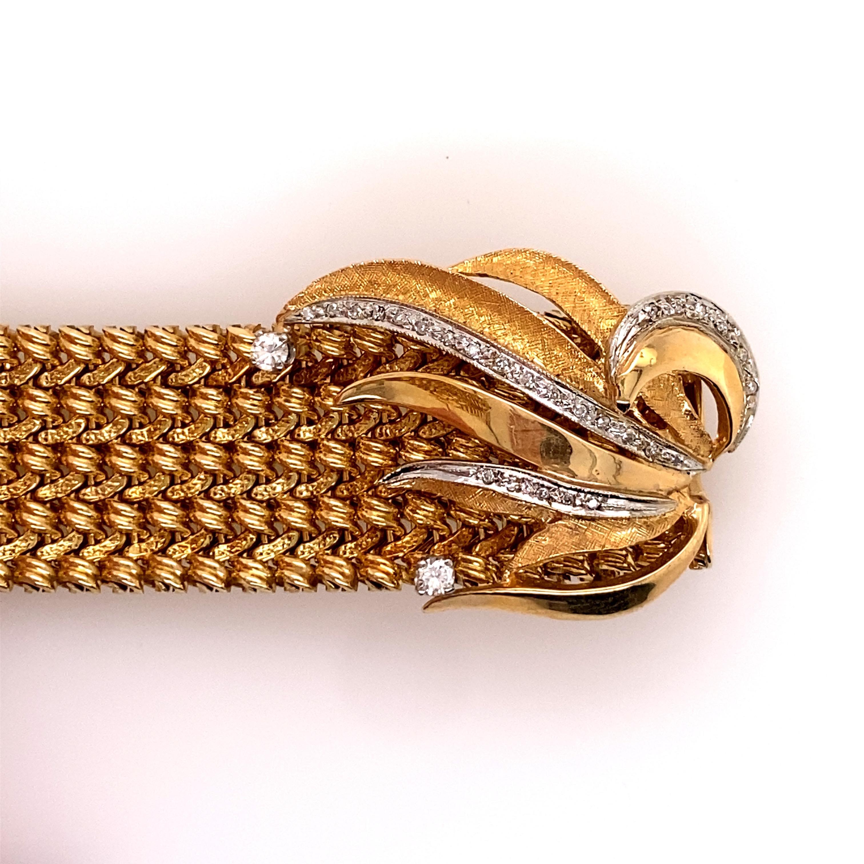 Women's or Men's Vintage 1960s 14 Karat Gold Wide Woven Link Bracelet with Diamond Leaf Clasp For Sale