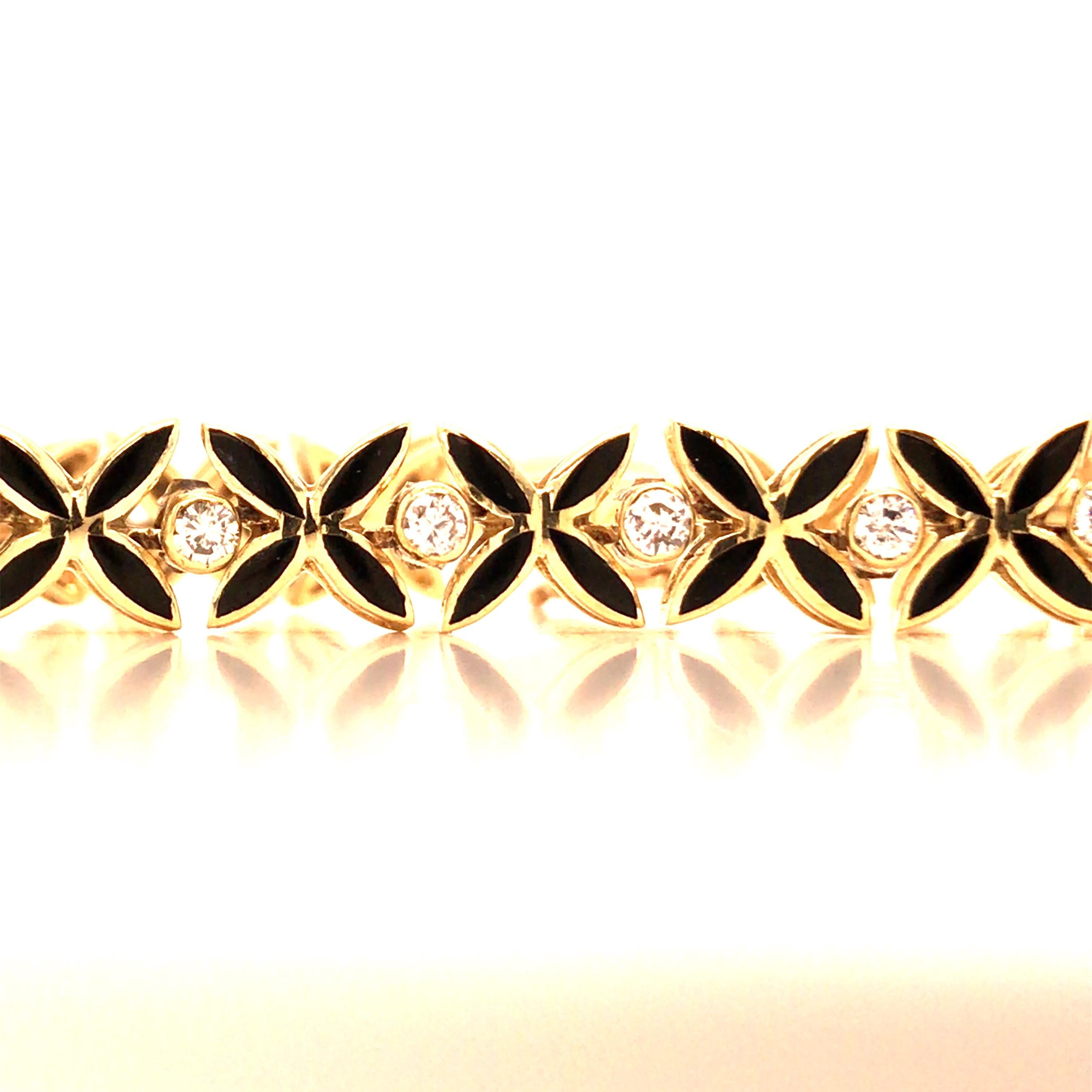Modern Vintage 1960s 14 Karat Yellow Gold Diamond and Black Enamel Bracelet For Sale