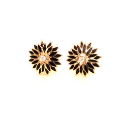 Vintage 1960s 14 Karat Yellow Gold Diamond and Black Enameled Earrings
