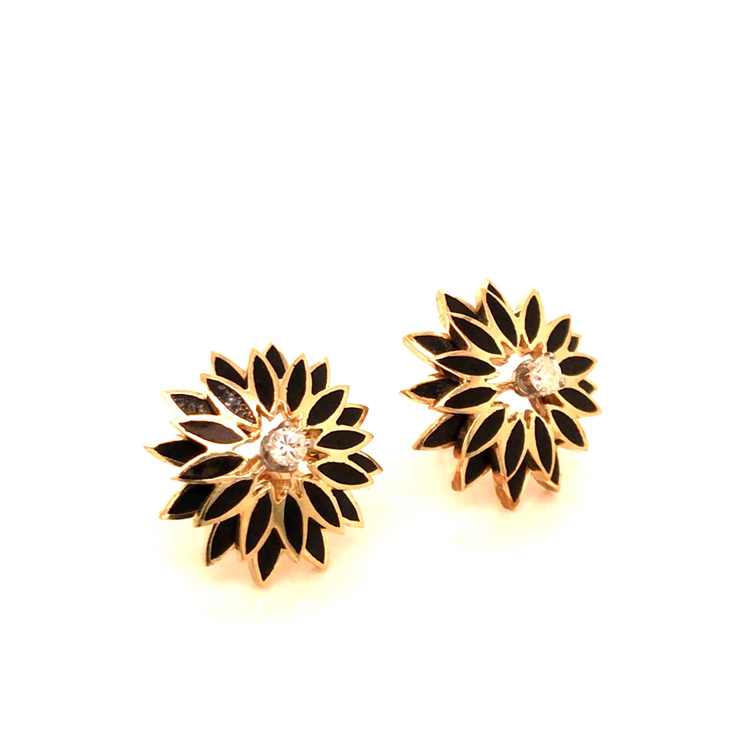 Modern Vintage 1960s 14 Karat Yellow Gold Diamond and Black Enameled Earrings For Sale