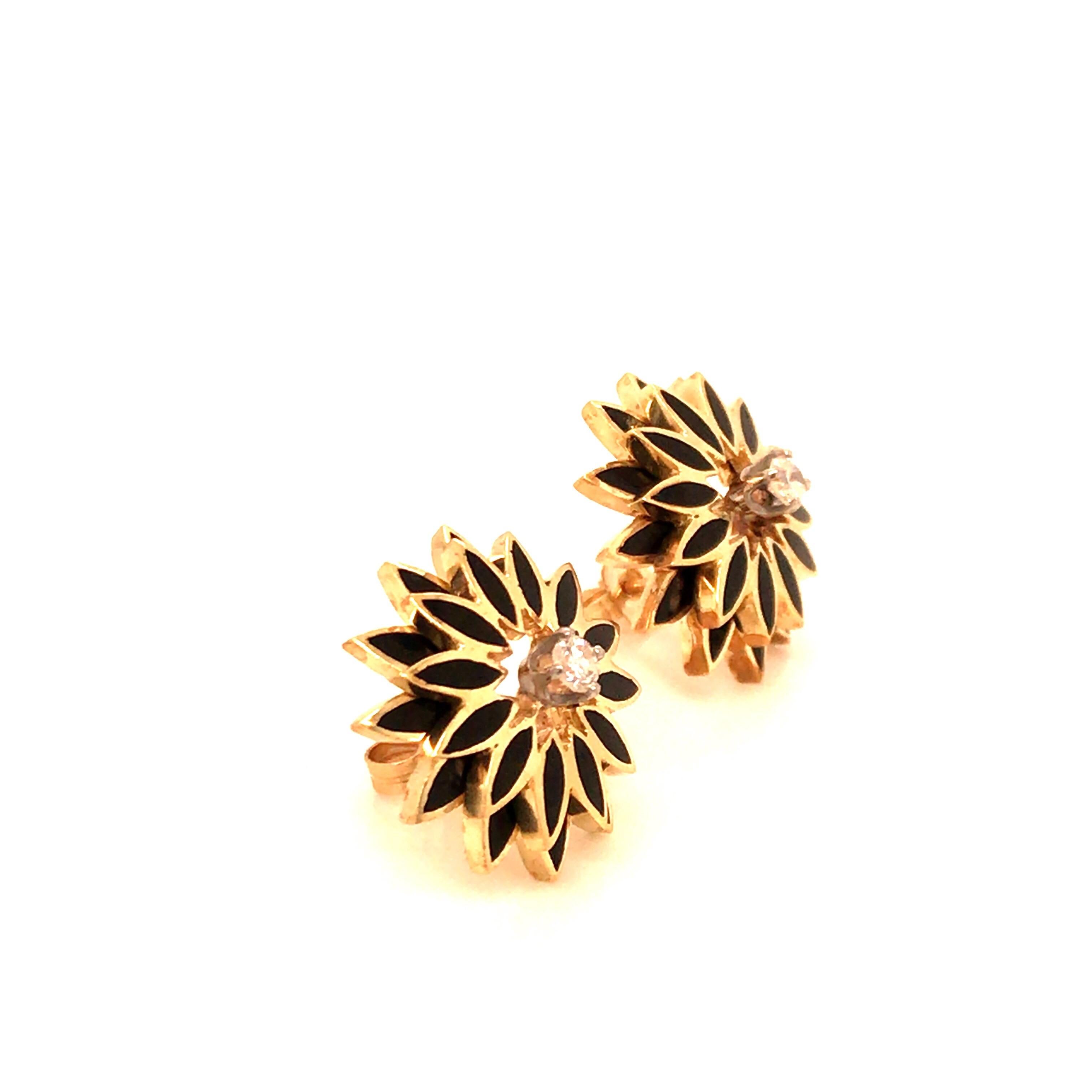 Round Cut Vintage 1960s 14 Karat Yellow Gold Diamond and Black Enameled Earrings For Sale