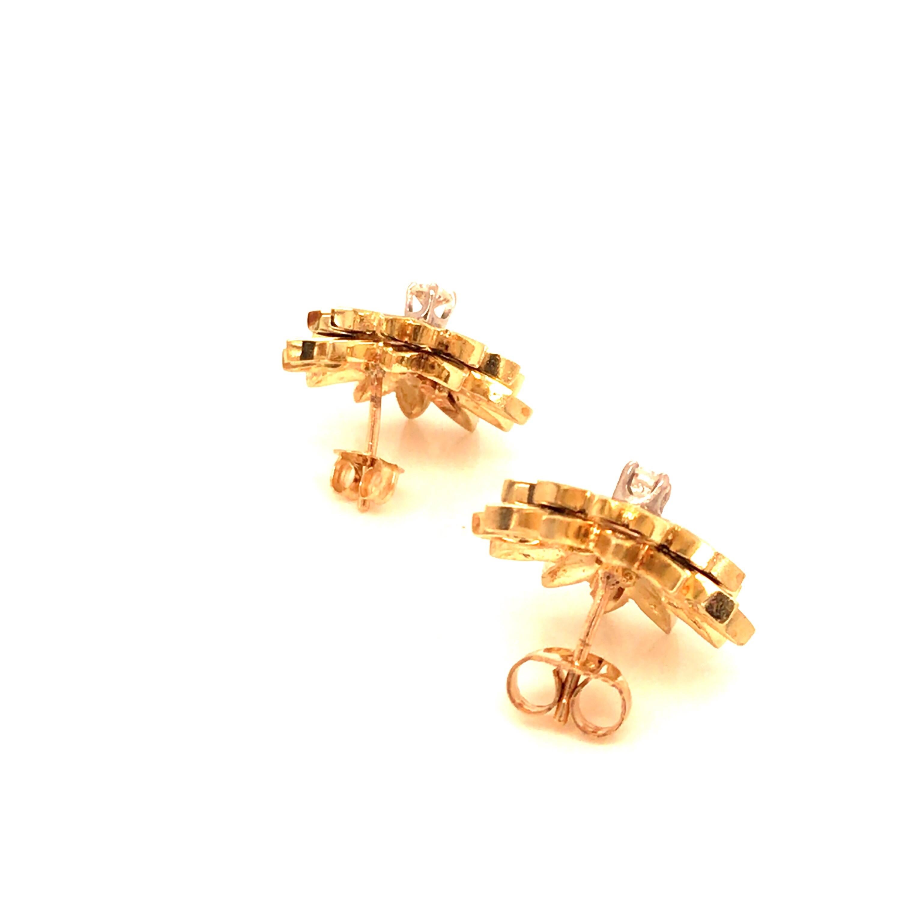 Vintage 1960s 14 Karat Yellow Gold Diamond and Black Enameled Earrings In Good Condition For Sale In Boston, MA