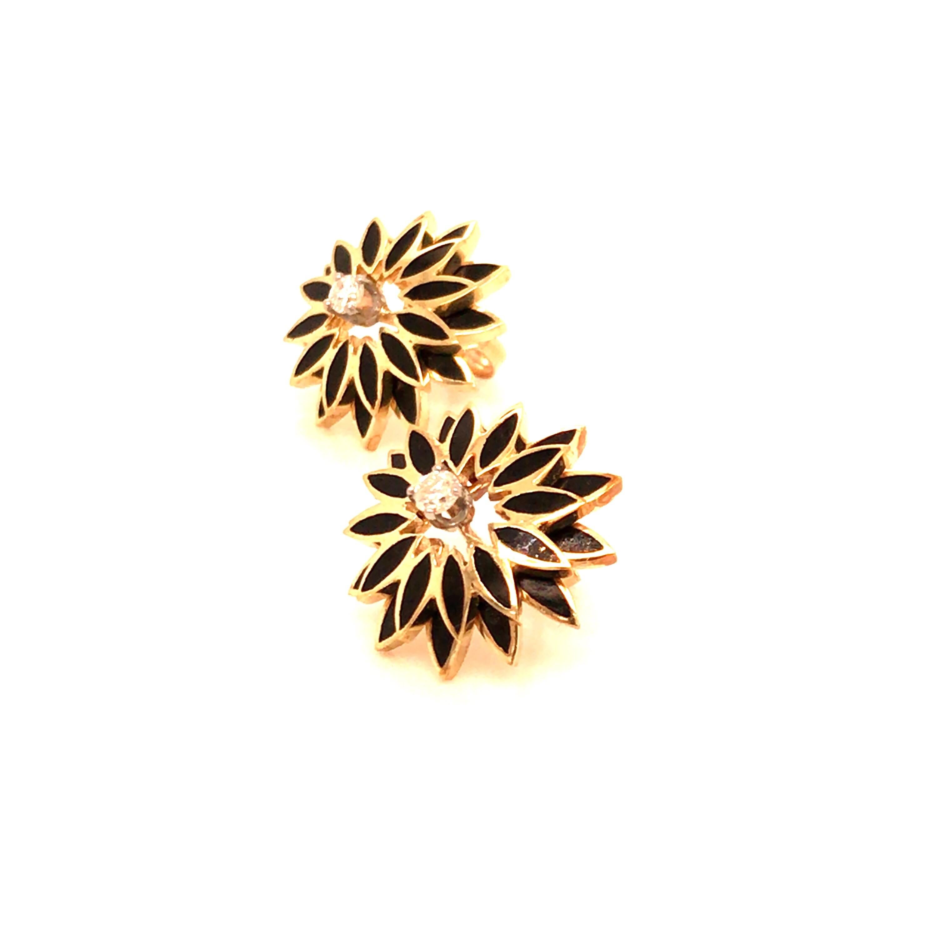 Vintage 1960s 14 Karat Yellow Gold Diamond and Black Enameled Earrings For Sale 1