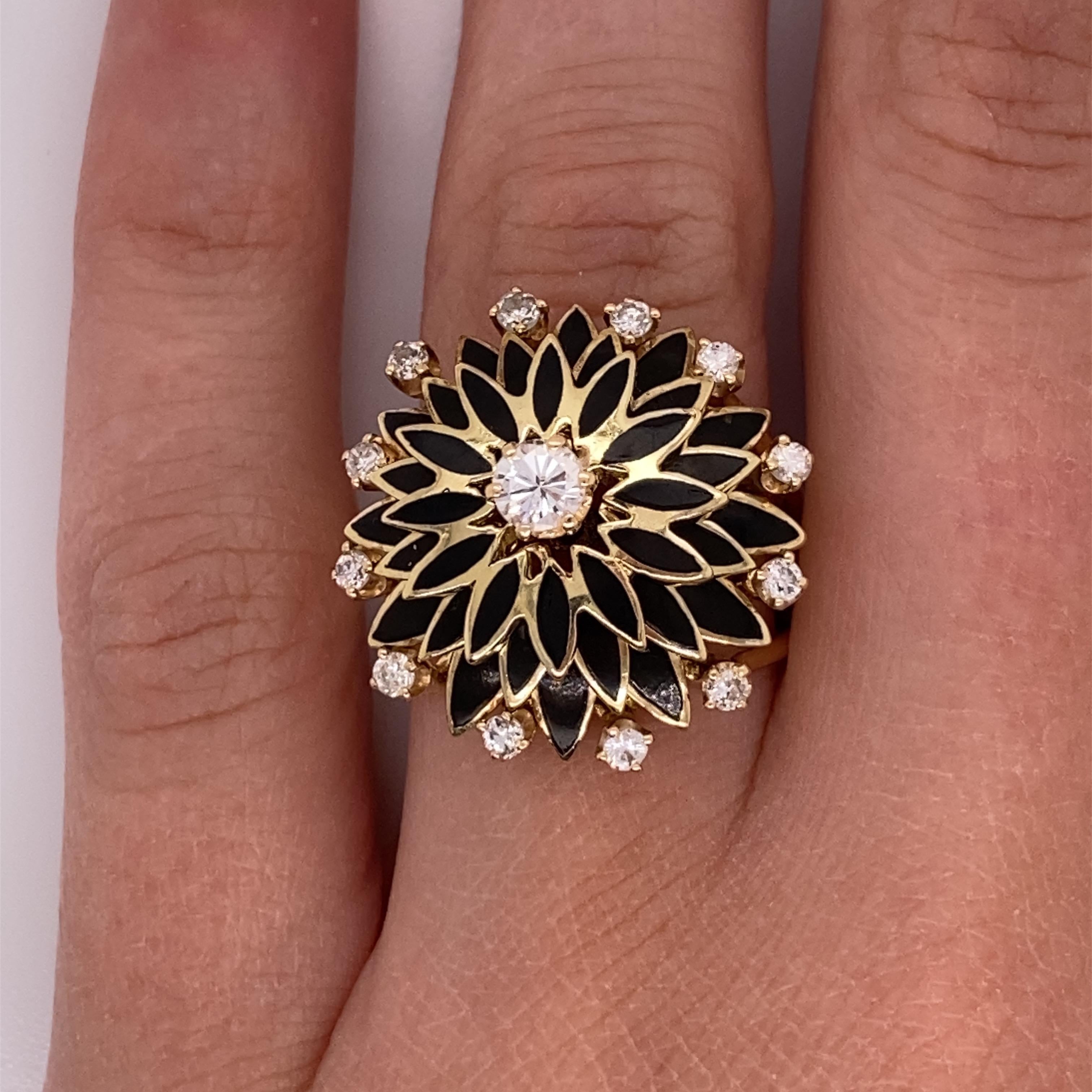 Women's Vintage 1960s 14 Karat Yellow Gold Diamond and Black Enameled Ring For Sale