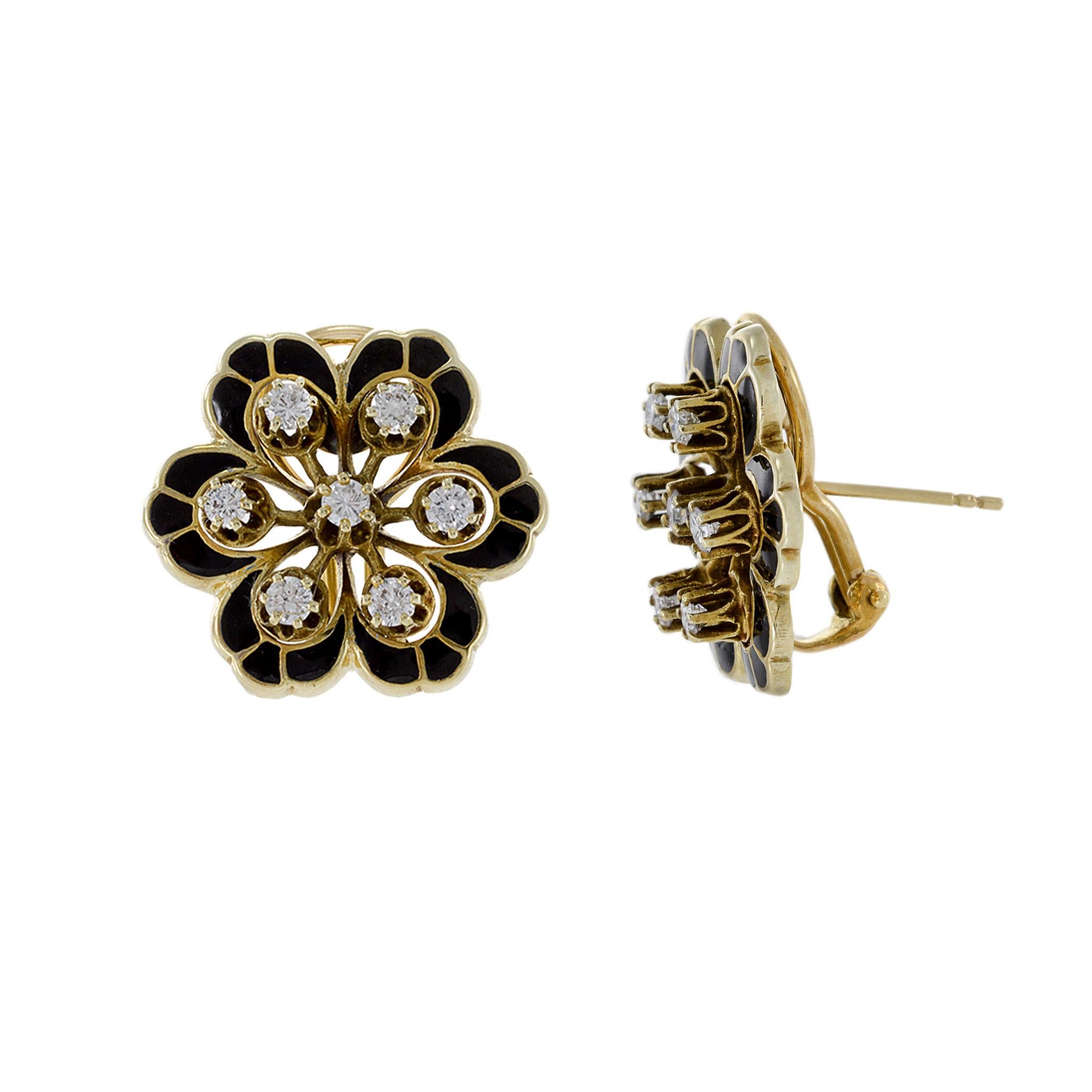 Contemporary Vintage 1960s 14KT Yellow Gold Enamel and Diamond Flower Earrings For Sale