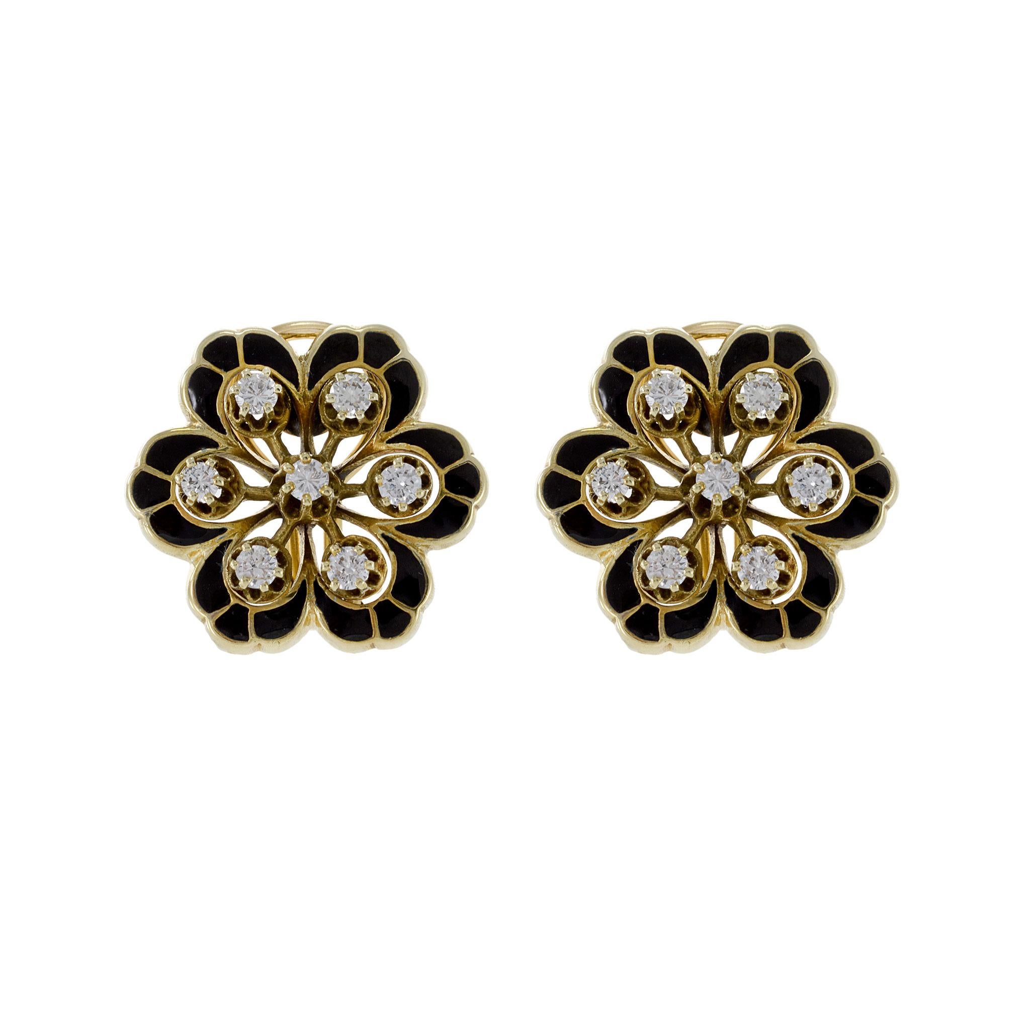 Round Cut Vintage 1960s 14KT Yellow Gold Enamel and Diamond Flower Earrings For Sale