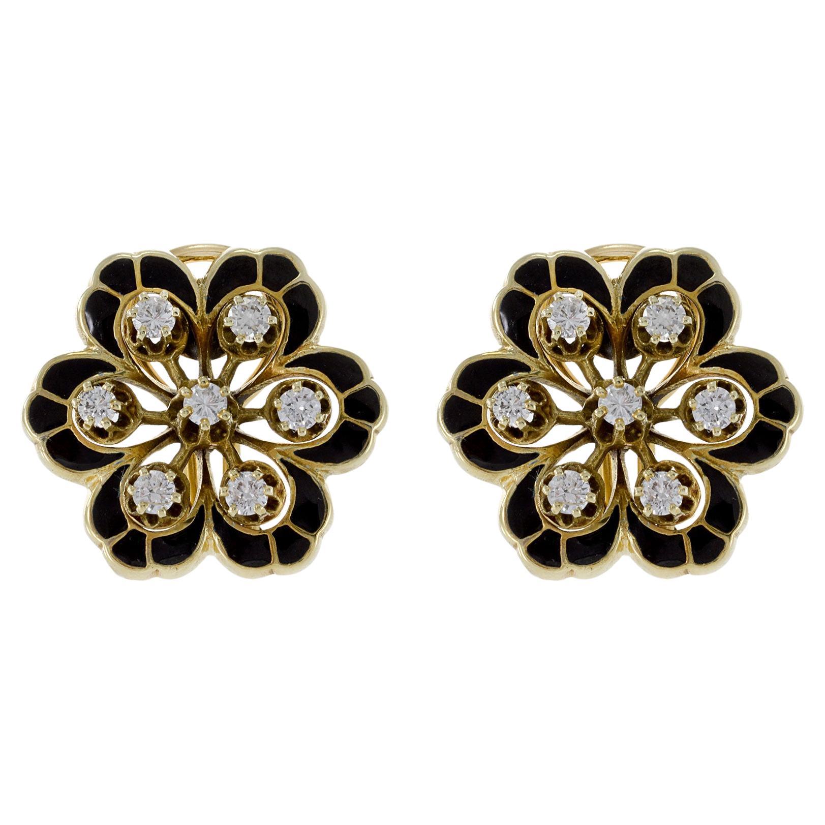Vintage 1960er Jahre 14KT Blumenohrringe aus Gelbgold mit Emaille und Diamanten