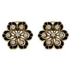 Vintage 1960s 14KT Yellow Gold Enamel and Diamond Flower Earrings
