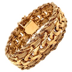 Vintage 1960s 14 Karat Yellow Gold Woven Wheat Link with Rope Edge Wide Charm Bracelet