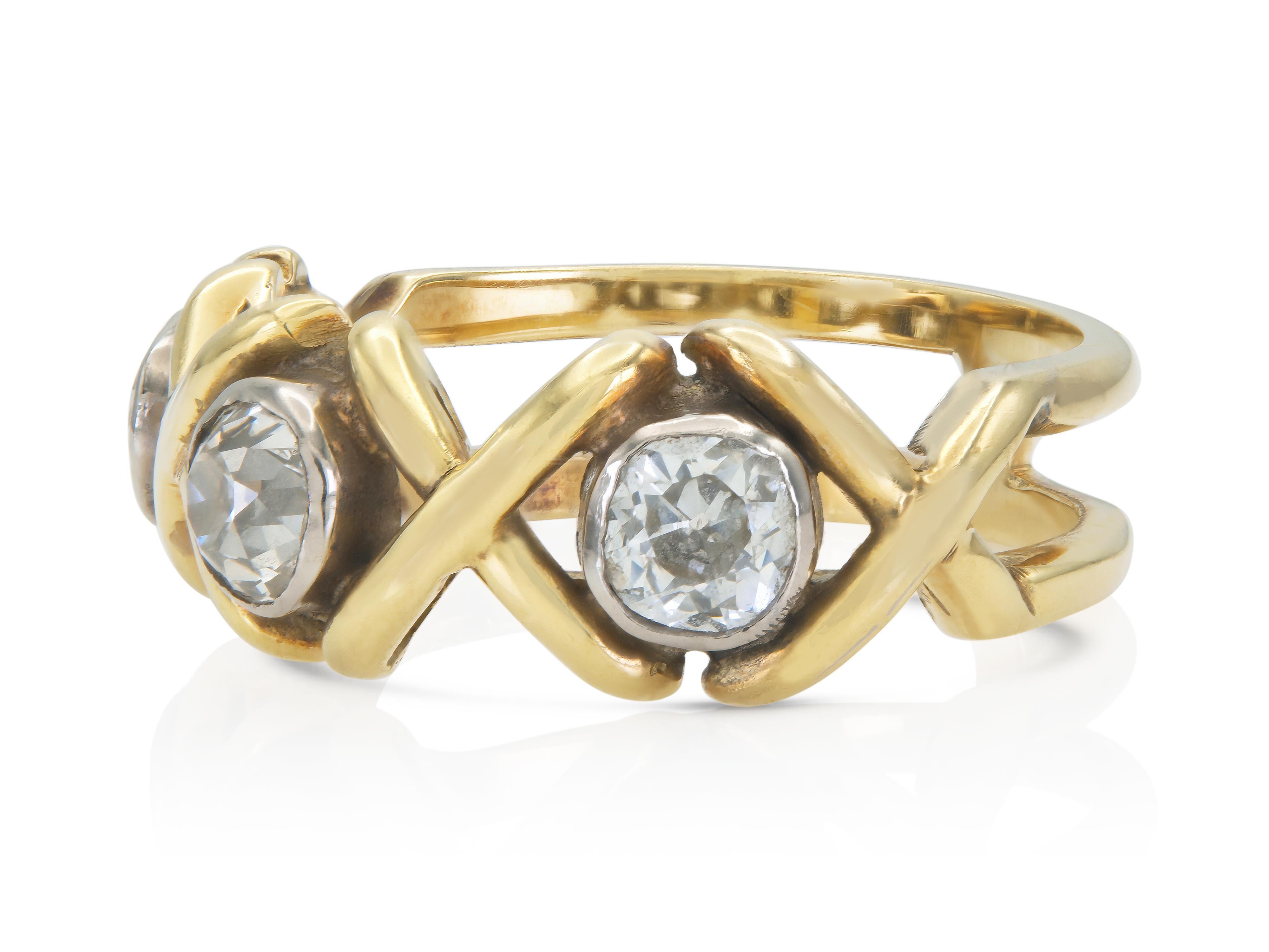 Fein gearbeitet in 18 Karat Gelbgold und Platin mit 3 Diamanten im Old Mine-Schliff mit einem Gesamtgewicht von ca. 1,50 Karat.
Circa 1960er Jahre
Größe 10 1/4, größenverstellbar