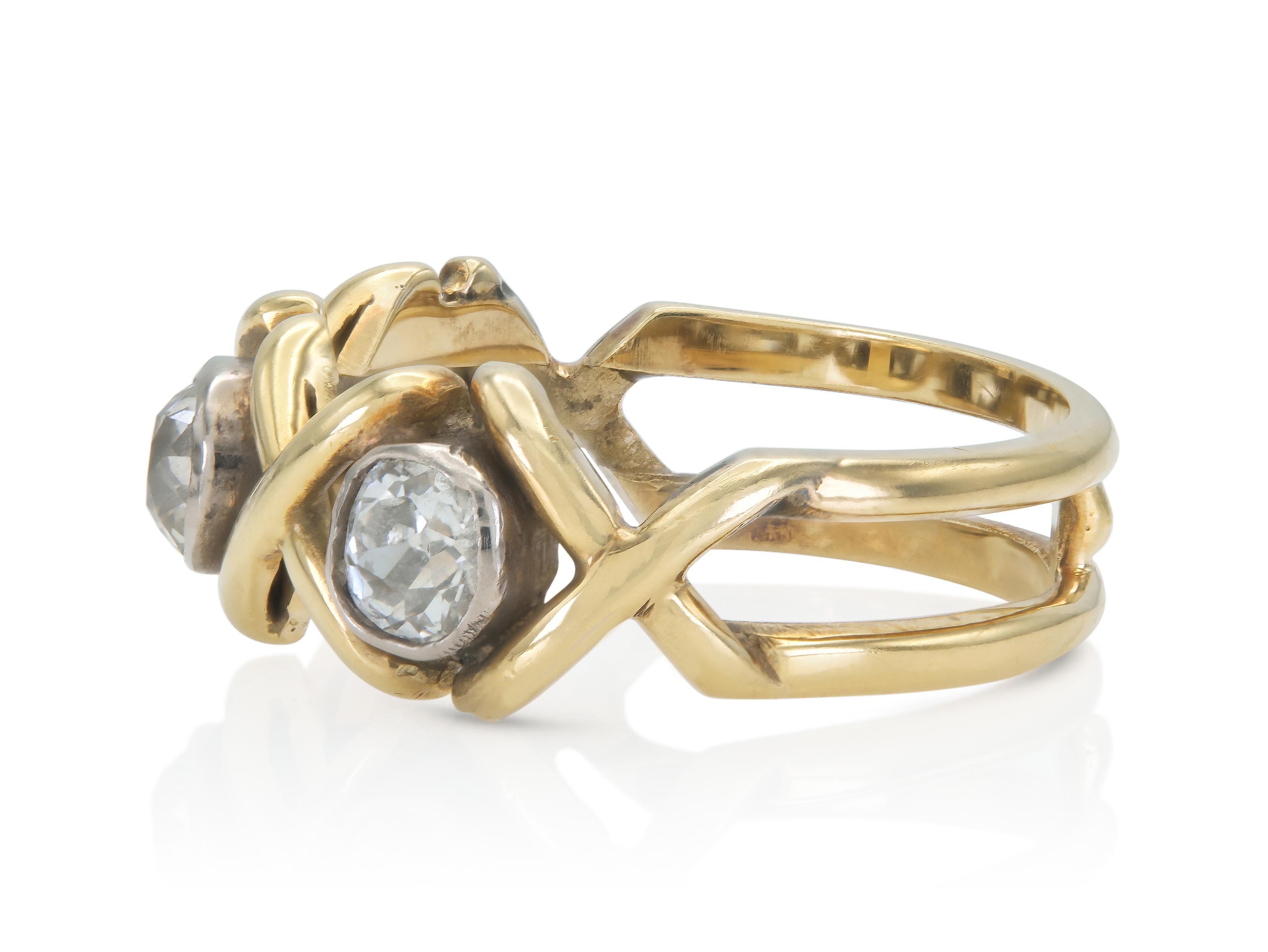 Vintage 1960s 1.50 Karat Old Mine Cut Diamant Drei-Stein X Ring (Alteuropäischer Brillantschliff) im Angebot