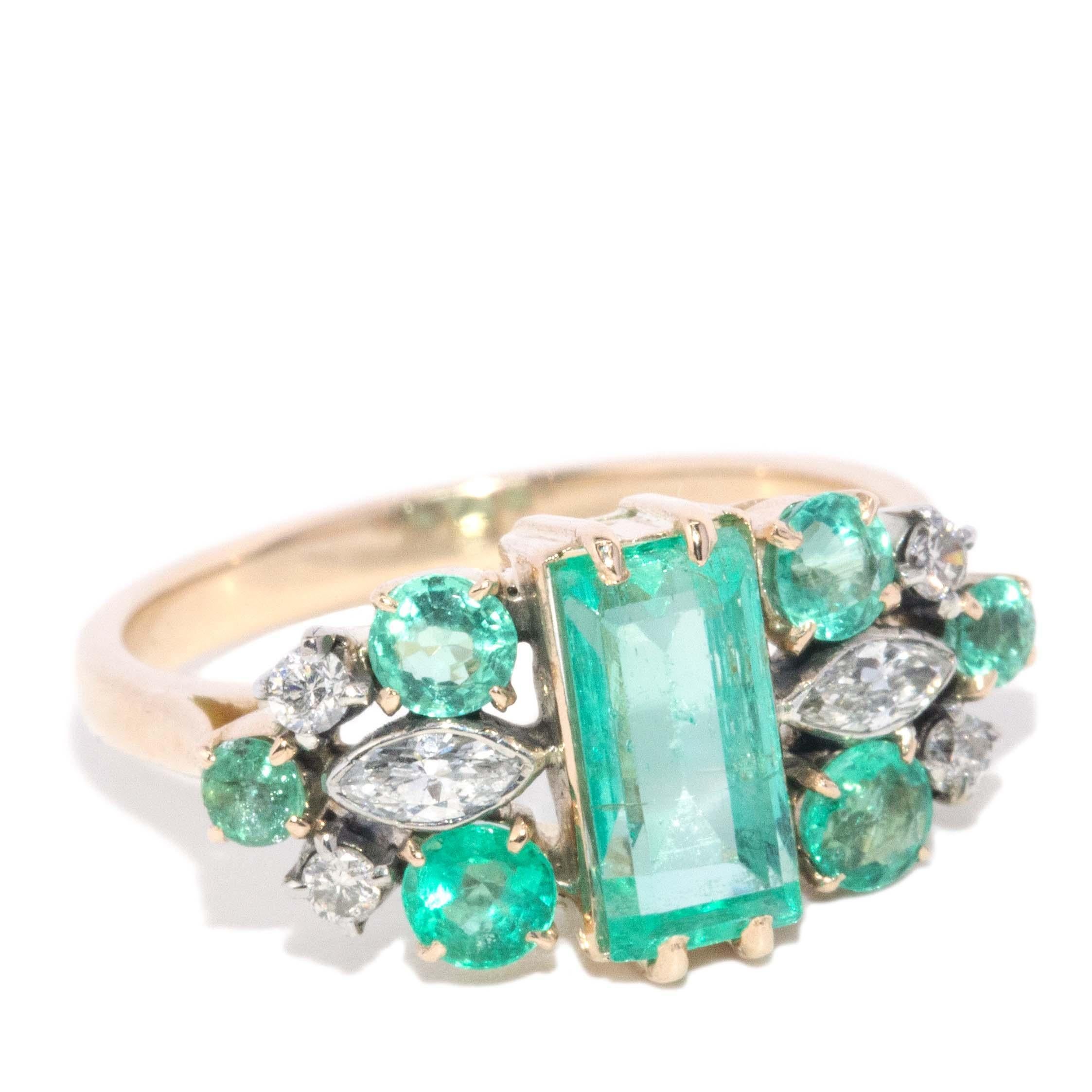 Anillo vintage de oro amarillo de 16 quilates de los años 60 con esmeralda y diamantes de 1,50 quilates en Bueno estado para la venta en Hamilton, AU