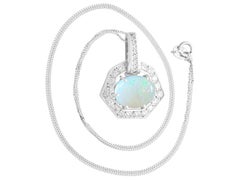Vintage 1960s 1.65 Carat Cabochon Cut Opal Diamond 18k White Gold Pendant