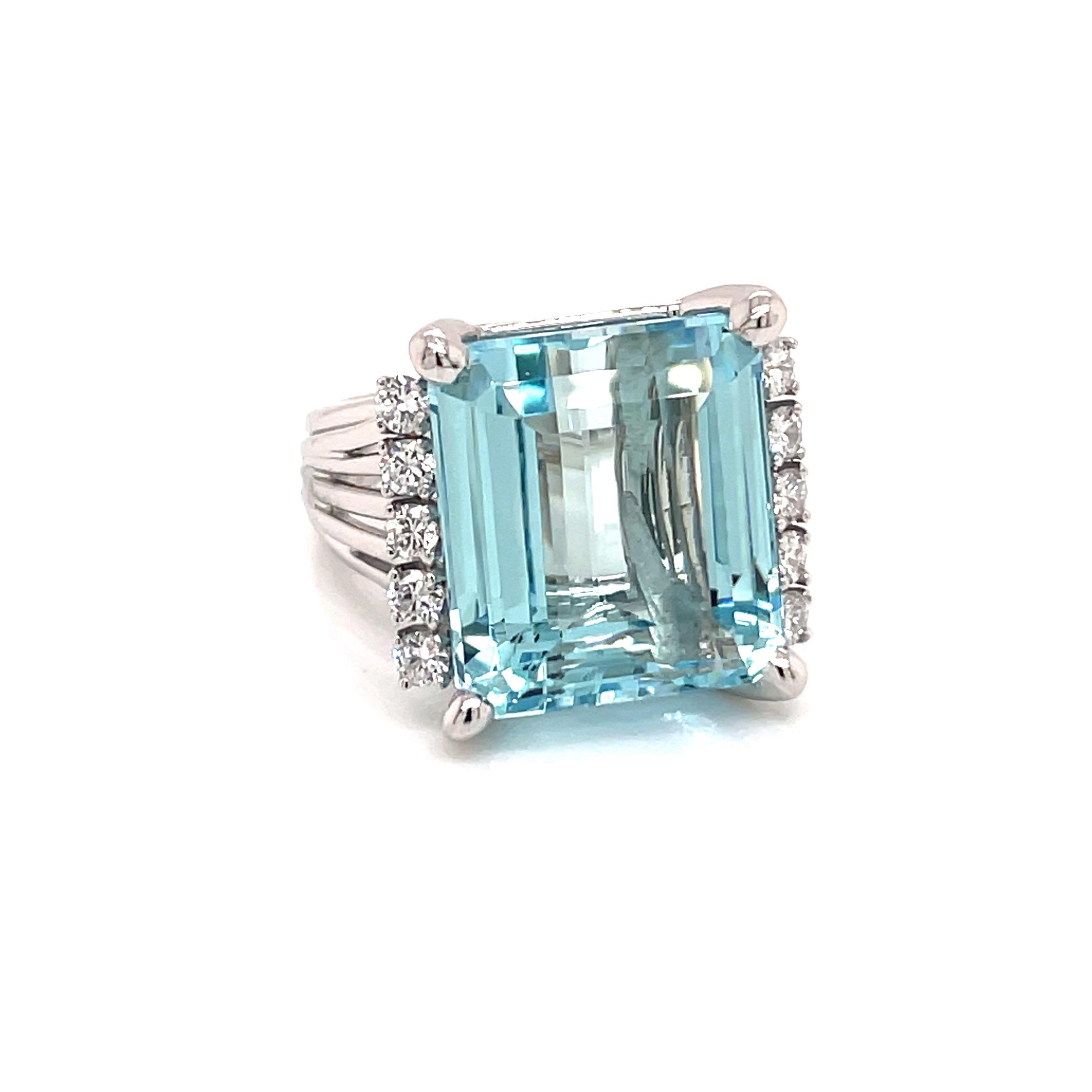 Vintage 1960's 17ct Emerald Cut Aquamarine Ring with Diamonds - The aquarmarine weighs approximately 17ct and measures 15.6 x 14.2mm.  It is accented with 10 round brilliant diamonds weighing approximately .50ct with G color and VS2 clarity.  The