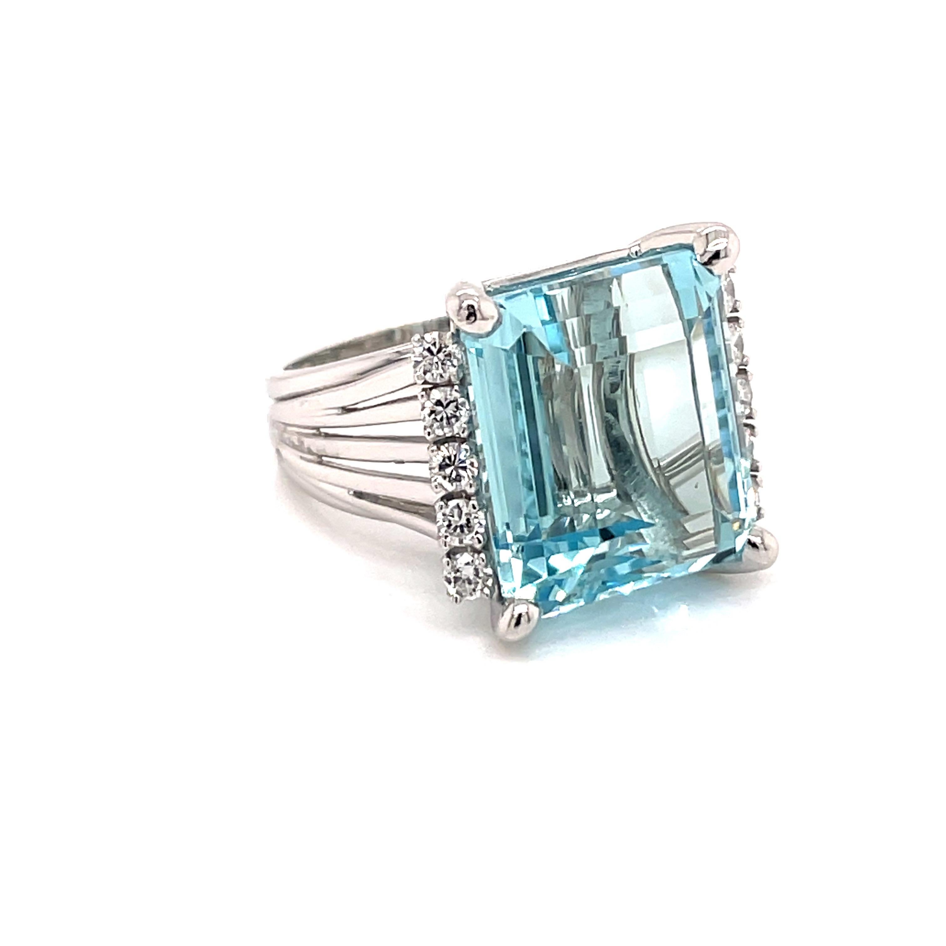 Contemporary Vintage 1960's 17ct Emerald Cut Aquamarine Ring with Diamonds