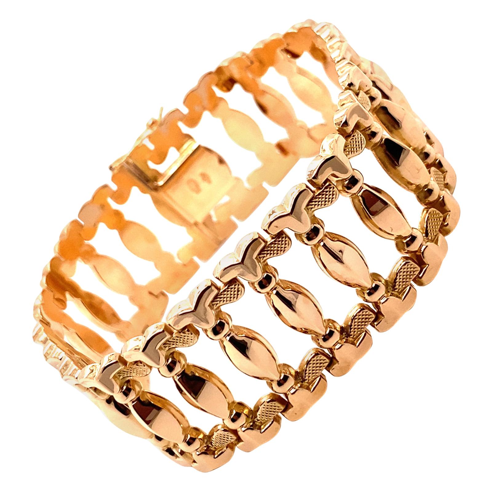 Vintage 1960s 18 Karat Rose Gold Retro Wide Link Bracelet For Sale