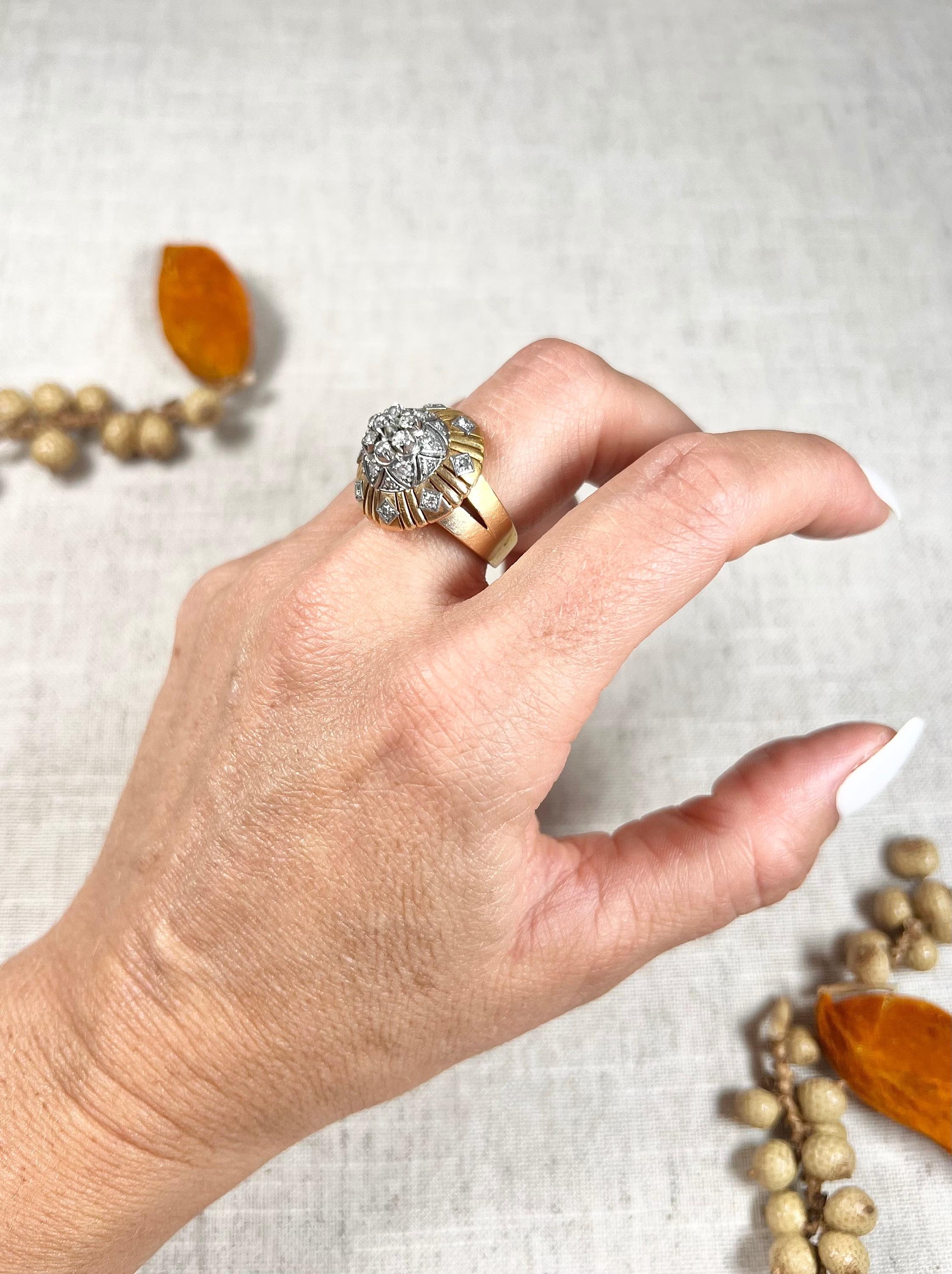 Vintage Diamond Cocktail Ring

18ct Gold Tested 

Circa 1960s

This stunning tiered-dome-shaped cocktail ring is a true vintage gem from the 1960s. Made of 18ct gold and carefully tested, the ring is adorned with approximately 1ct of beautiful