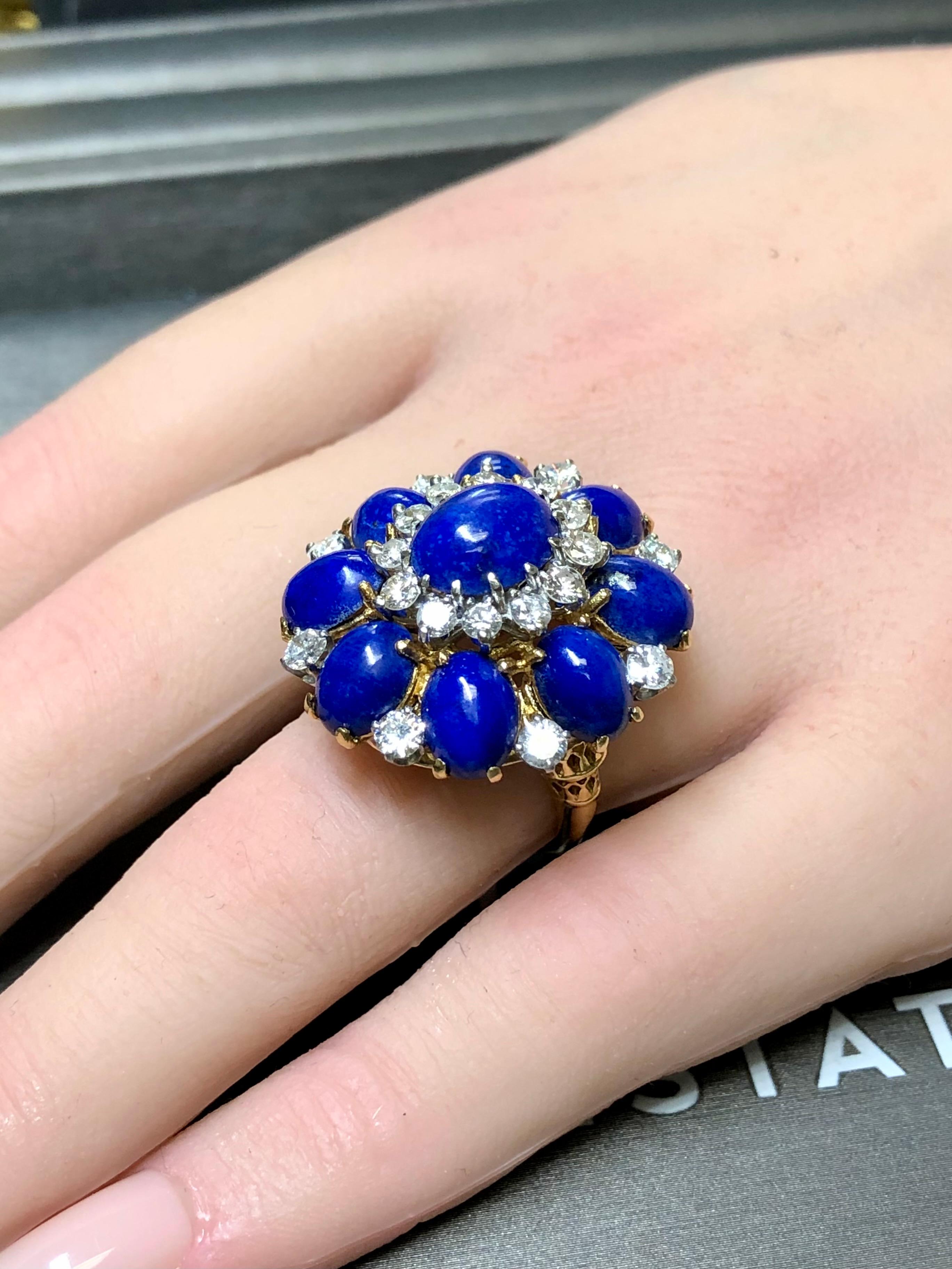 Vintage 1960’s 18K Cabochon Lapis Diamond Large Bombe Cocktail Dome Ring Sz 6.5 For Sale 5