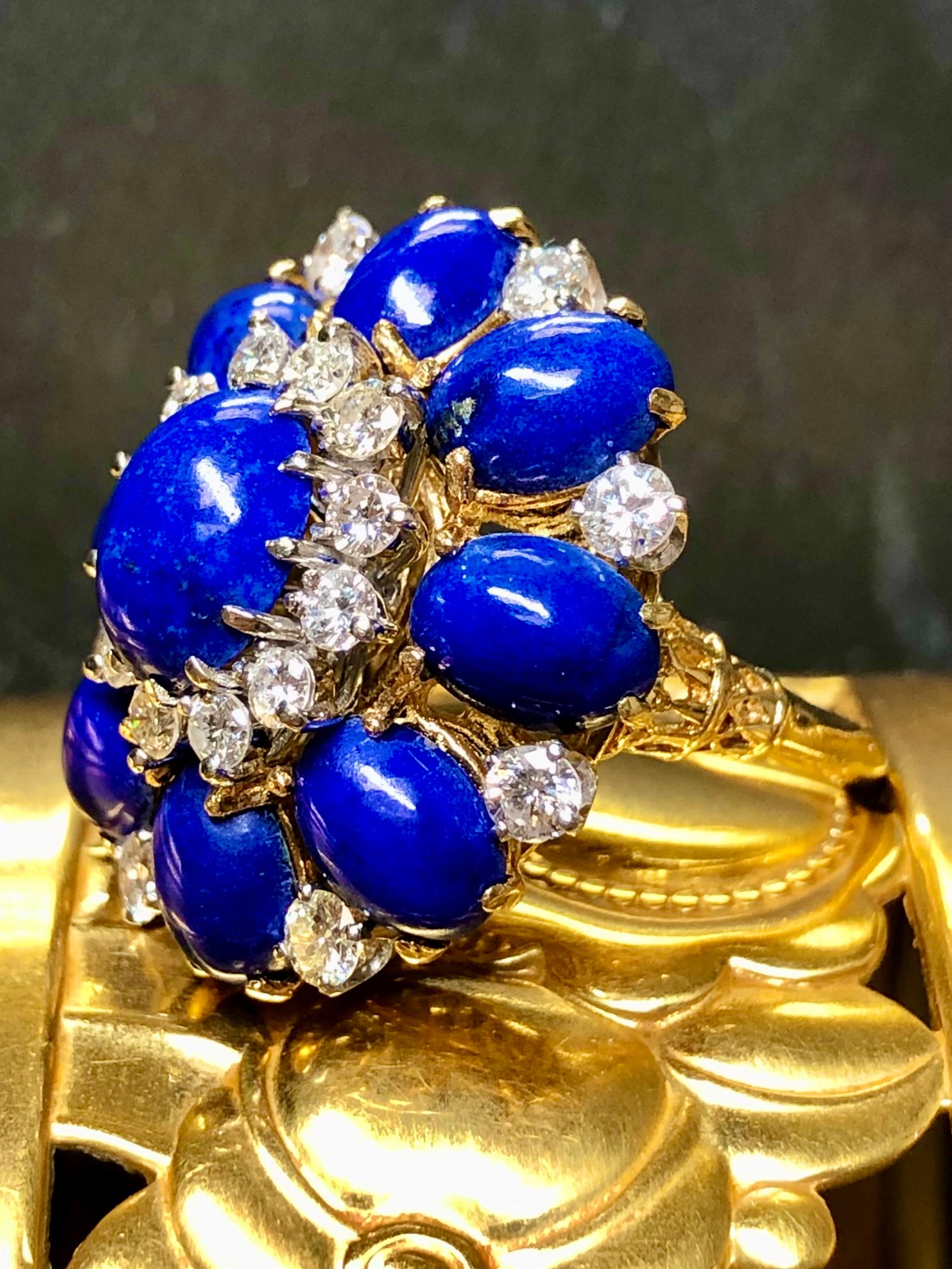 Retro Vintage 1960’s 18K Cabochon Lapis Diamond Large Bombe Cocktail Dome Ring Sz 6.5 For Sale
