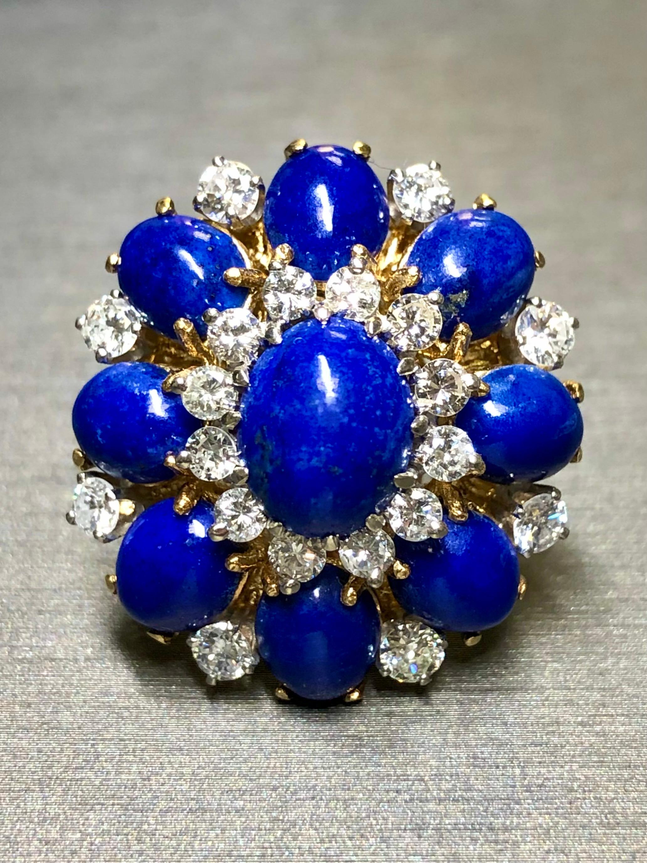 Vintage 1960’s 18K Cabochon Lapis Diamond Large Bombe Cocktail Dome Ring Sz 6.5 In Good Condition For Sale In Winter Springs, FL
