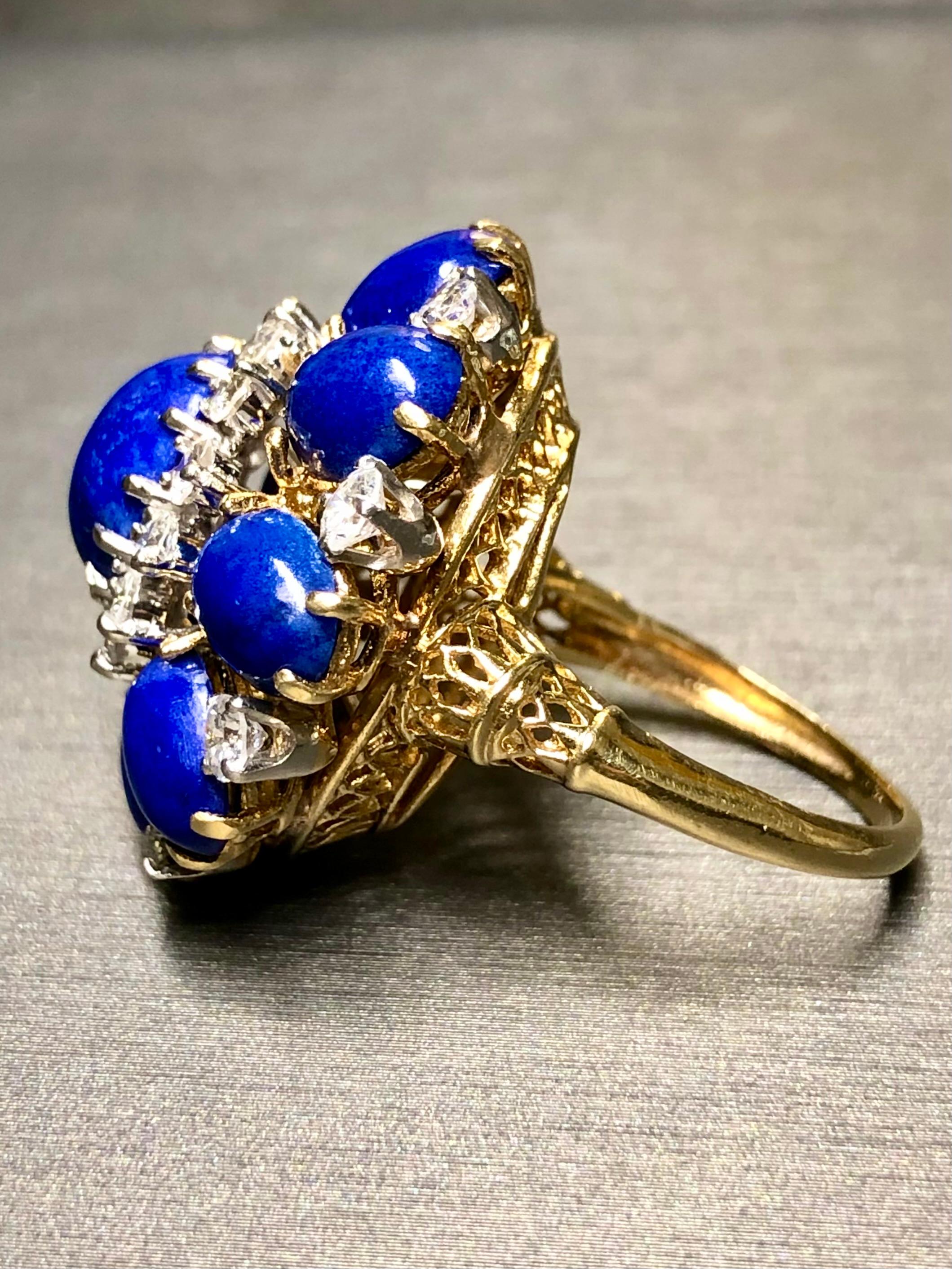 Women's or Men's Vintage 1960’s 18K Cabochon Lapis Diamond Large Bombe Cocktail Dome Ring Sz 6.5 For Sale