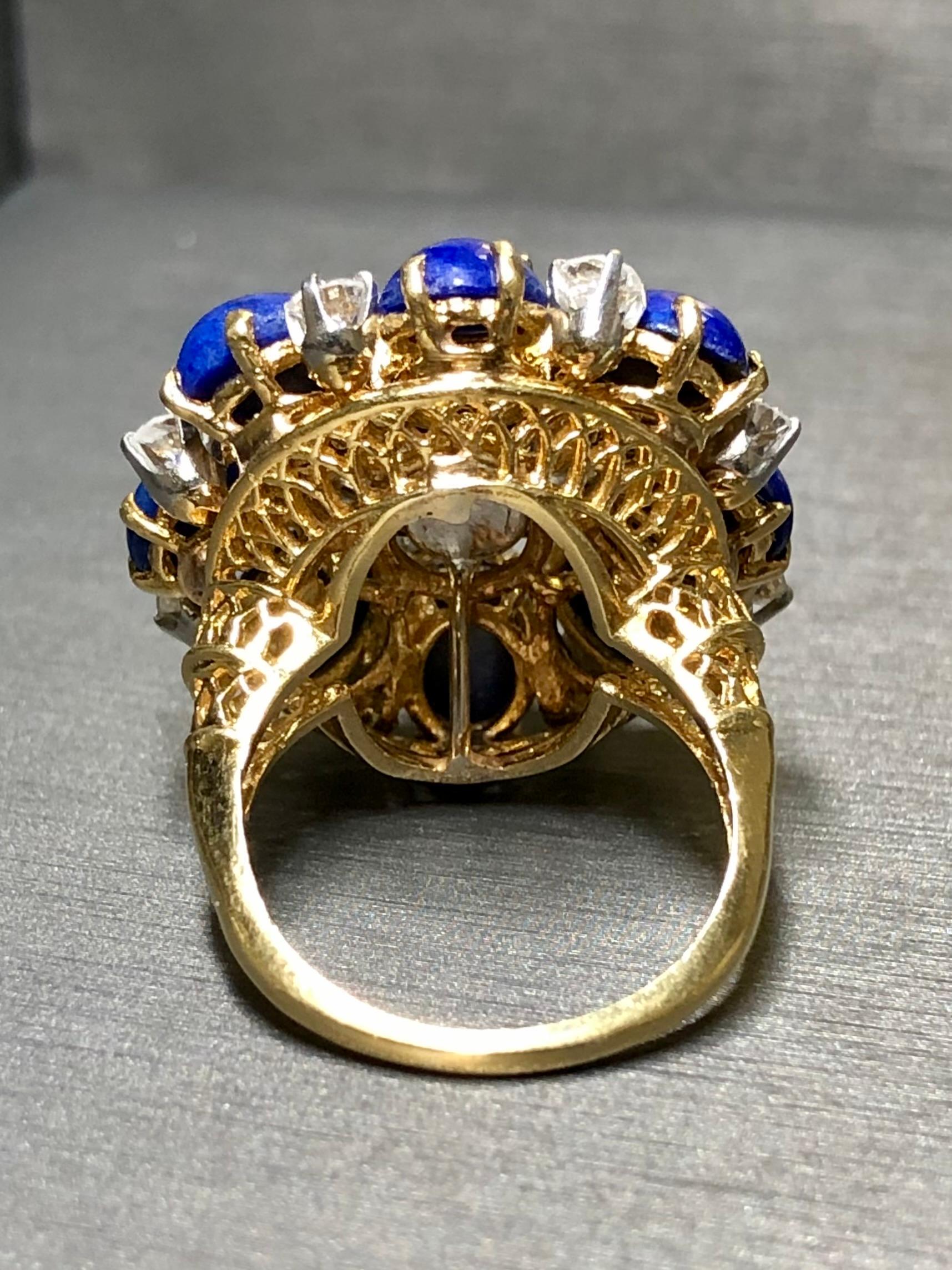 Vintage 1960’s 18K Cabochon Lapis Diamond Large Bombe Cocktail Dome Ring Sz 6.5 For Sale 1