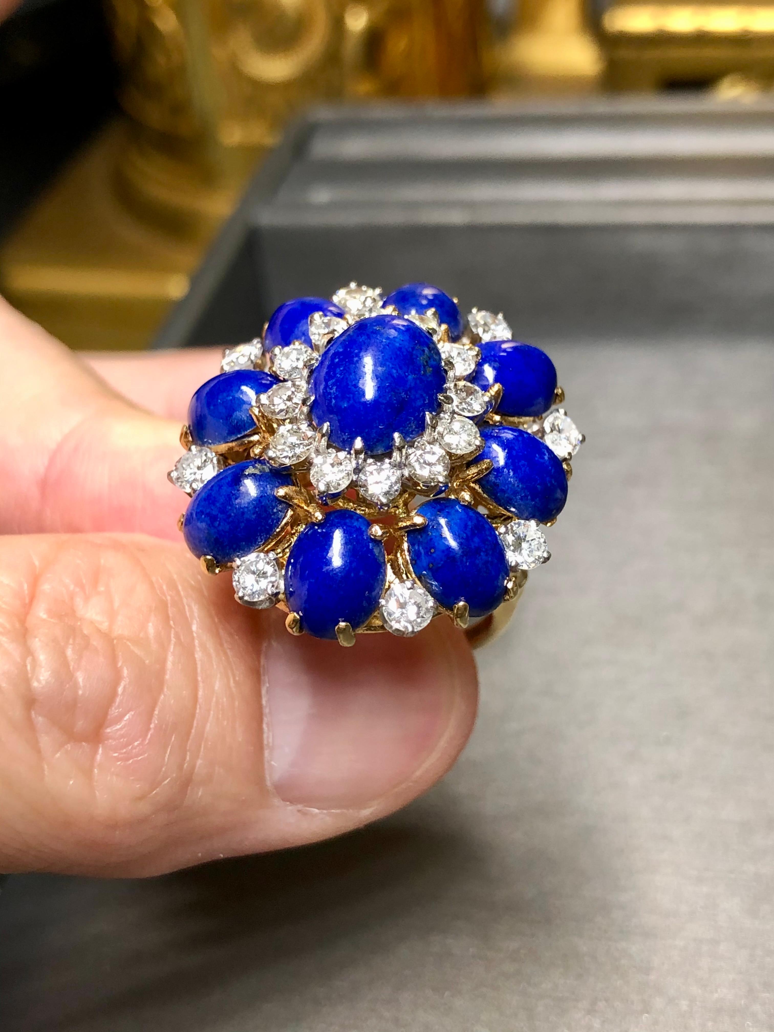Vintage 1960’s 18K Cabochon Lapis Diamond Large Bombe Cocktail Dome Ring Sz 6.5 For Sale 2