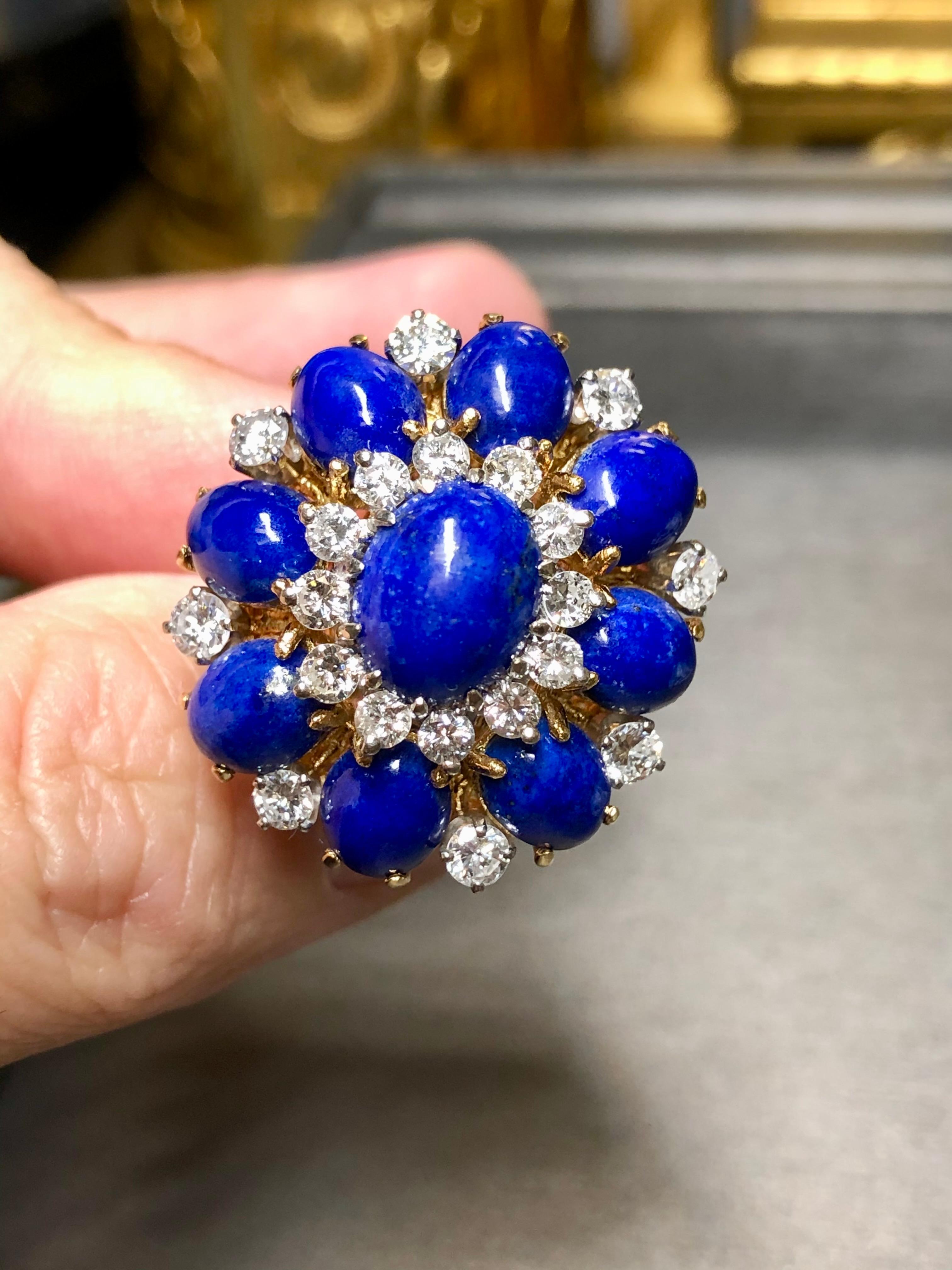 Vintage 1960’s 18K Cabochon Lapis Diamond Large Bombe Cocktail Dome Ring Sz 6.5 For Sale 3