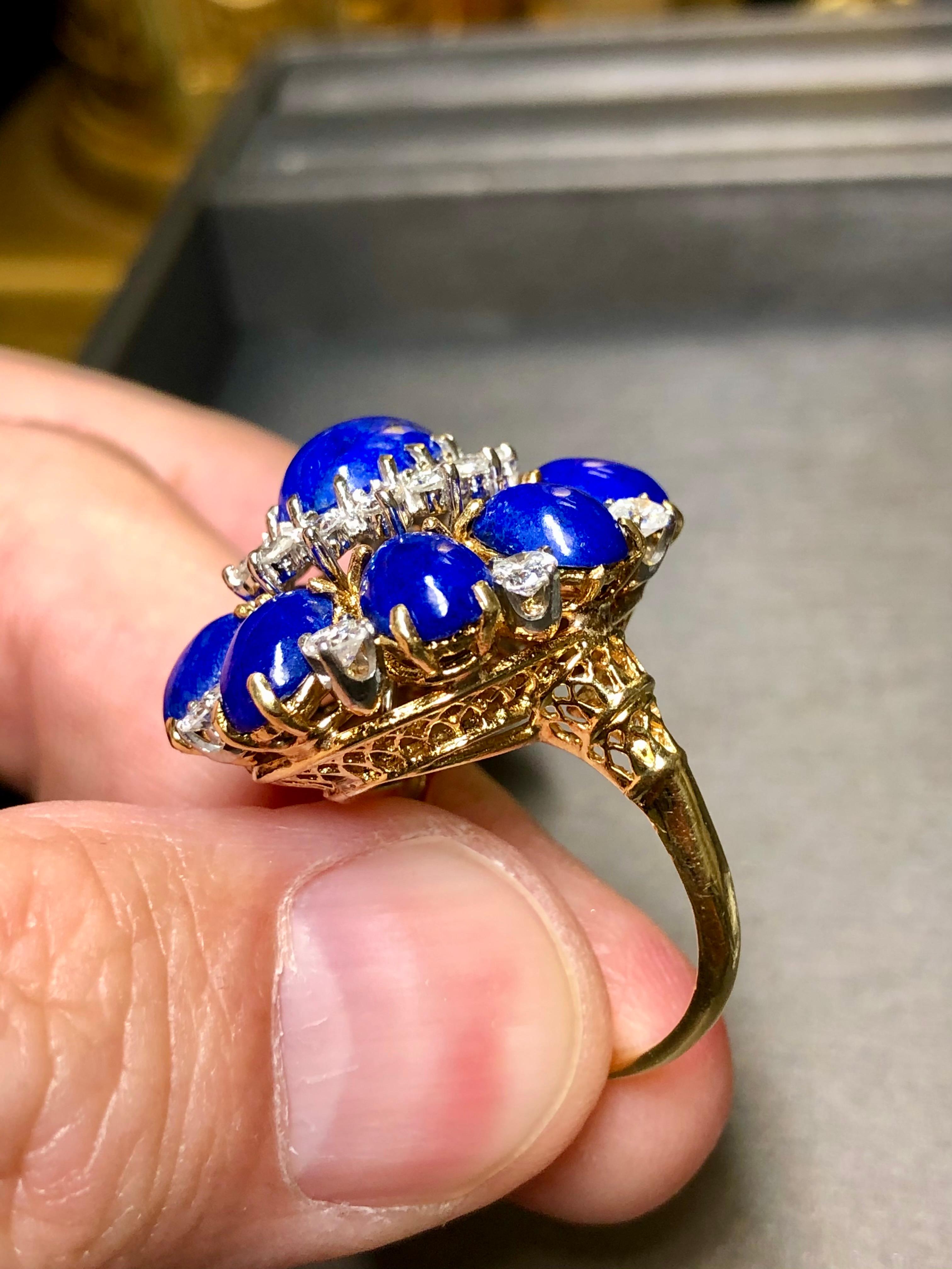 Vintage 1960’s 18K Cabochon Lapis Diamond Large Bombe Cocktail Dome Ring Sz 6.5 For Sale 4