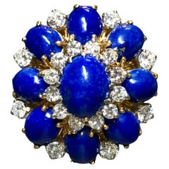 Vintage 1960’s 18K Cabochon Lapis Diamond Large Bombe Cocktail Dome Ring Sz 6.5