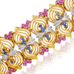 Vintage 1960s 18k Diamond Sapphire ruby Yellow Gold Wide Bracelet